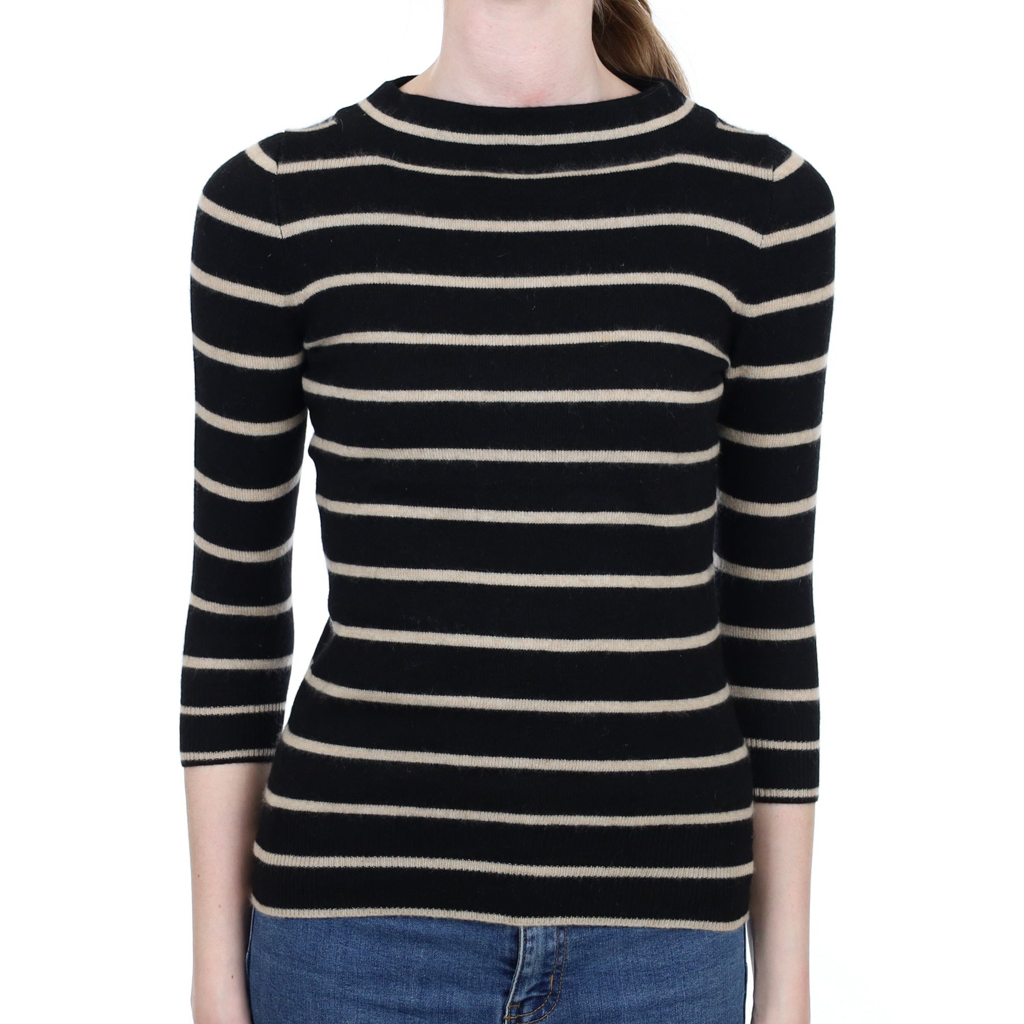 Black And Beige Striped Cashmere Turtle Neck Jumper Extra Small