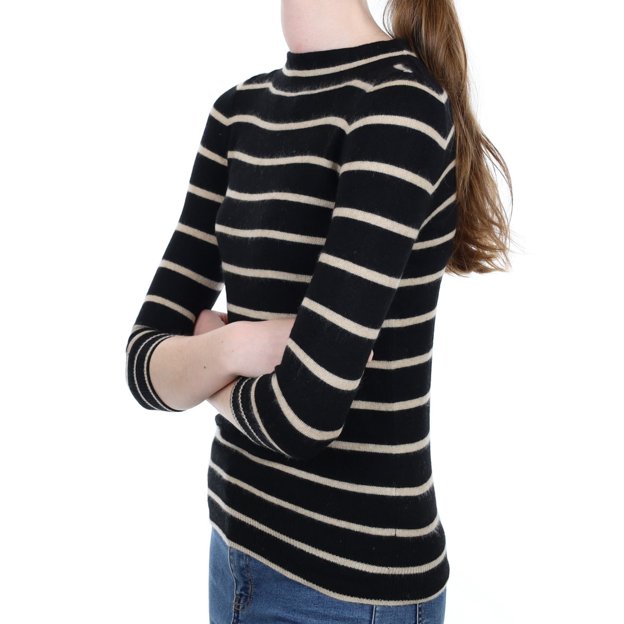 Black And Beige Striped Cashmere Turtle Neck Jumper Extra Small