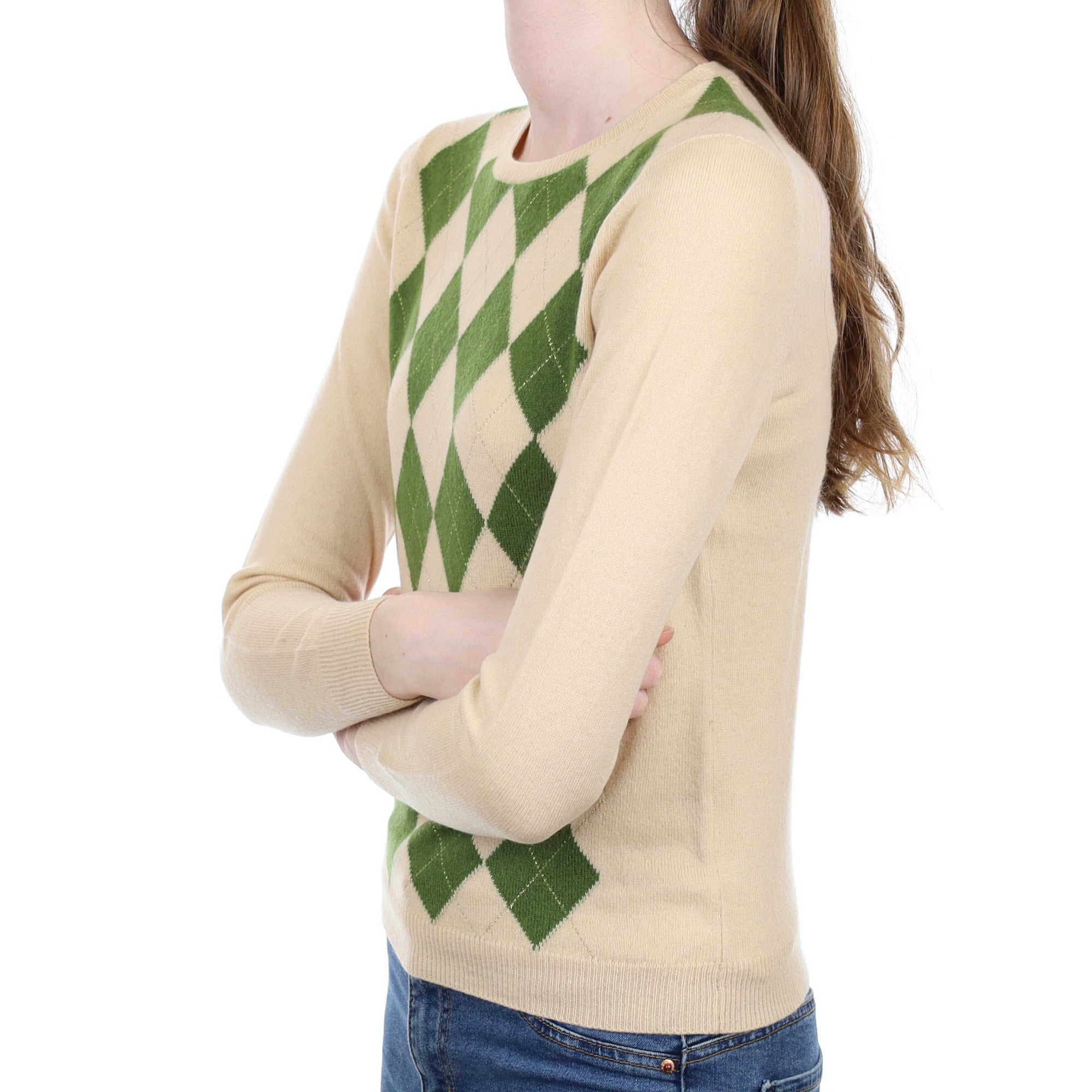 Beige Argyle Cashmere Crew Neck Jumper Extra Small