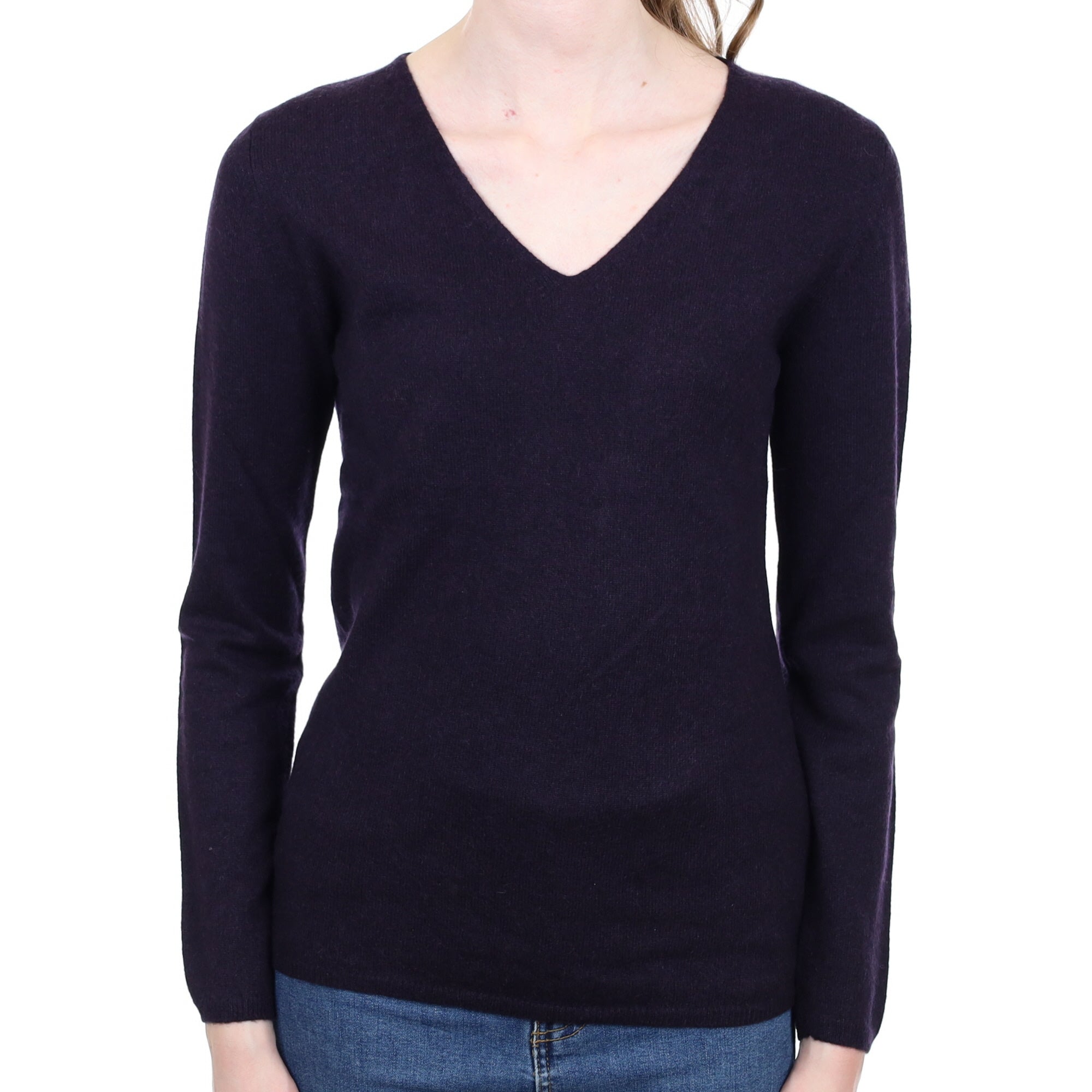 Deepest Purple Cashmere V Neck Jumper Extra Small