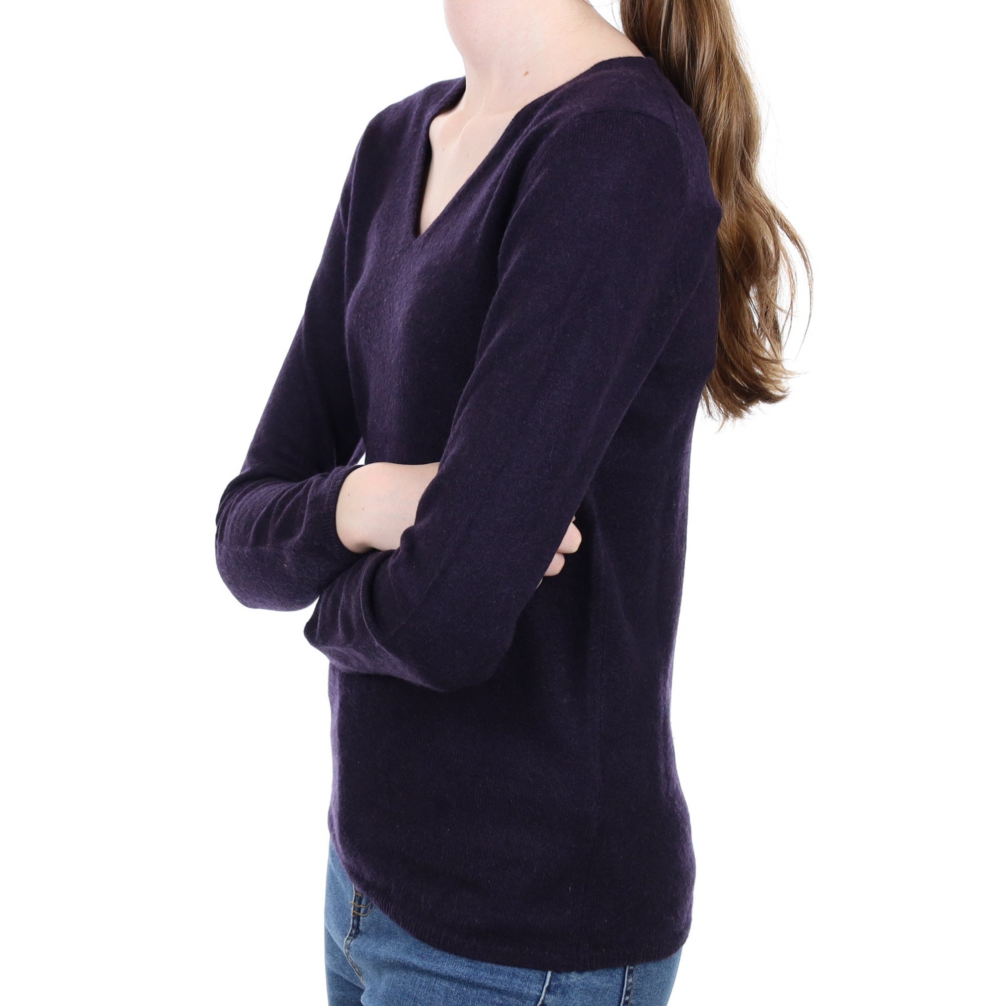 Deepest Purple Cashmere V Neck Jumper Extra Small