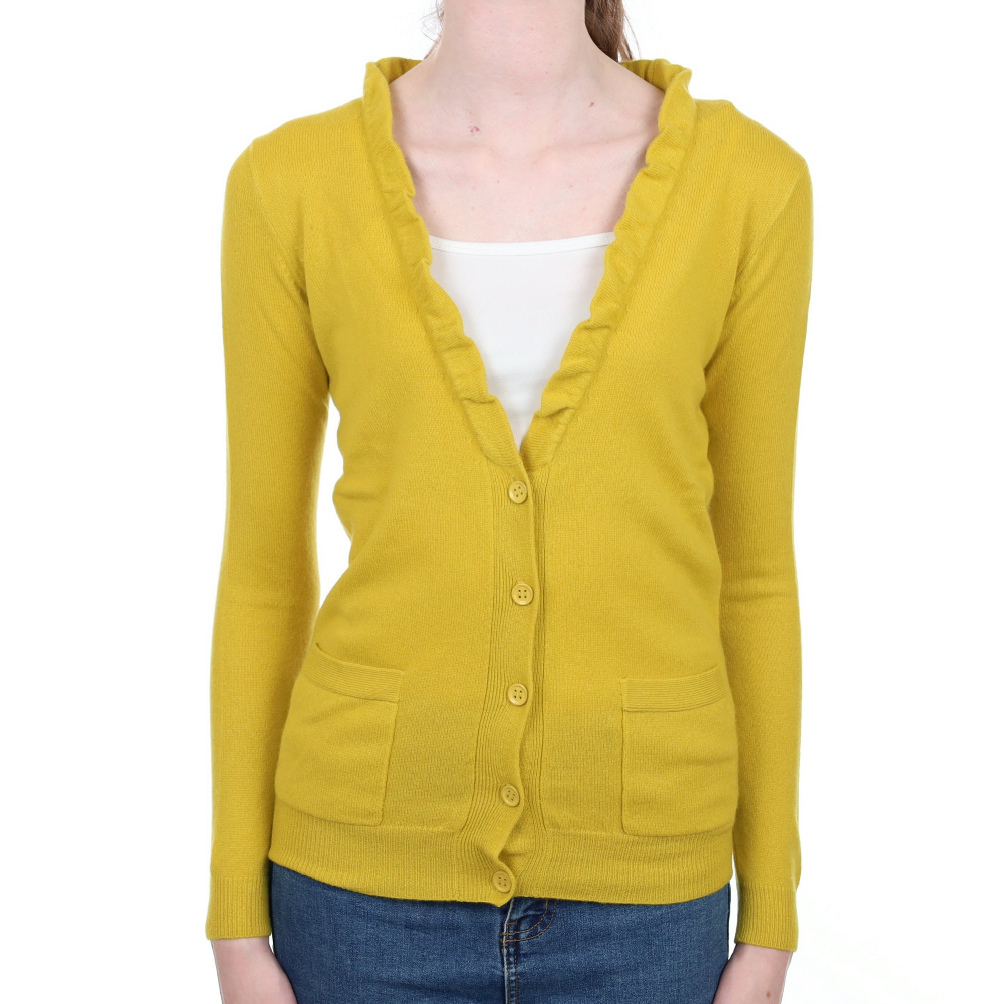 Lichan Yellow Cashmere Ruffle V Neck Cardigan Extra Small