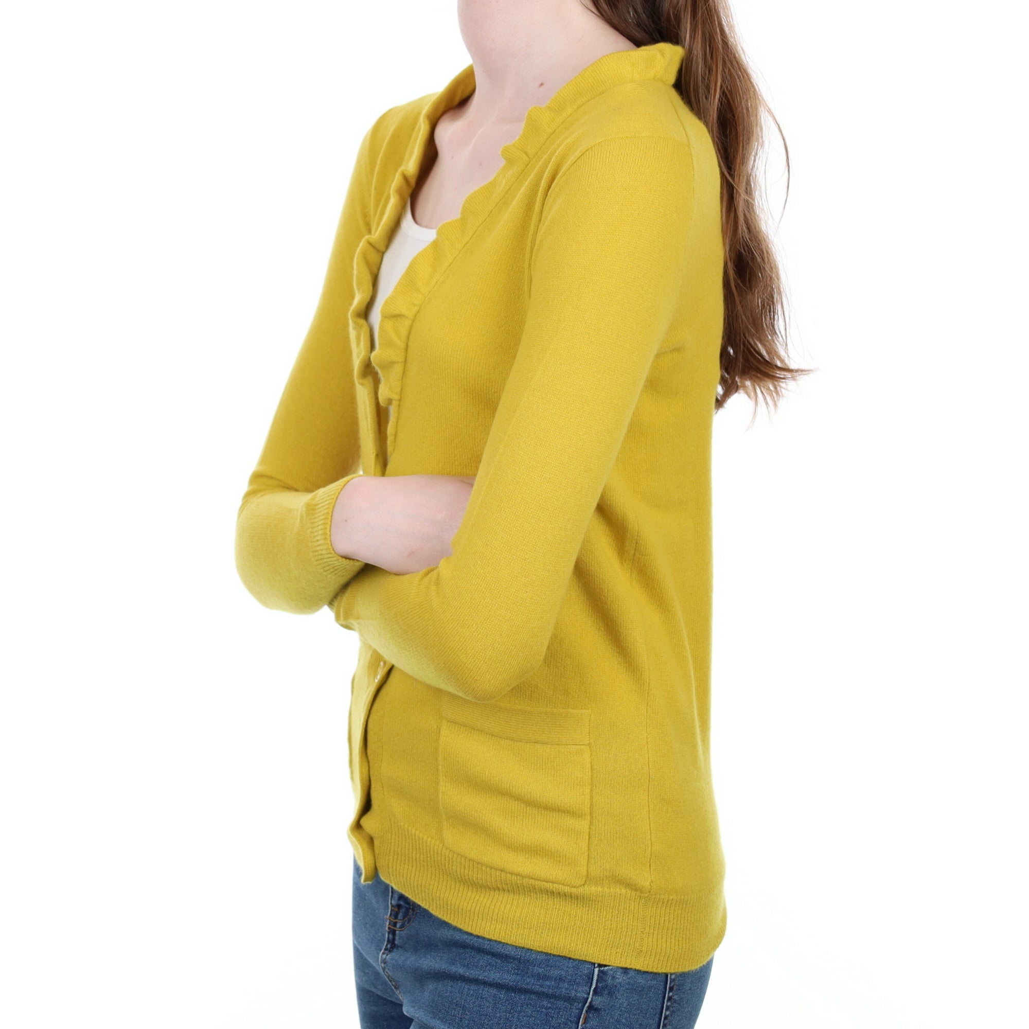 Lichan Yellow Cashmere Ruffle V Neck Cardigan Extra Small