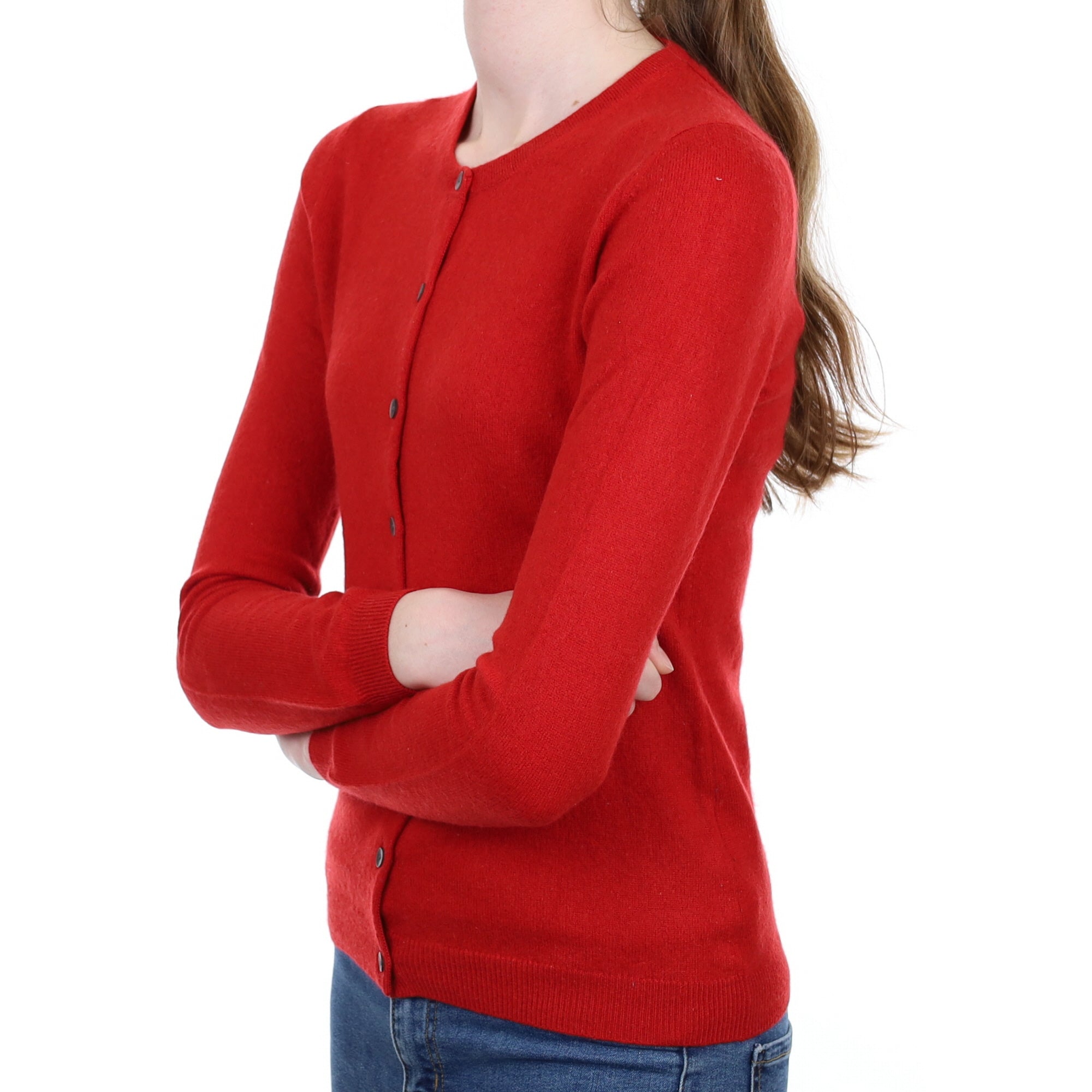 Post Box Red Cashmere Crew Neck Cardigan Extra Small