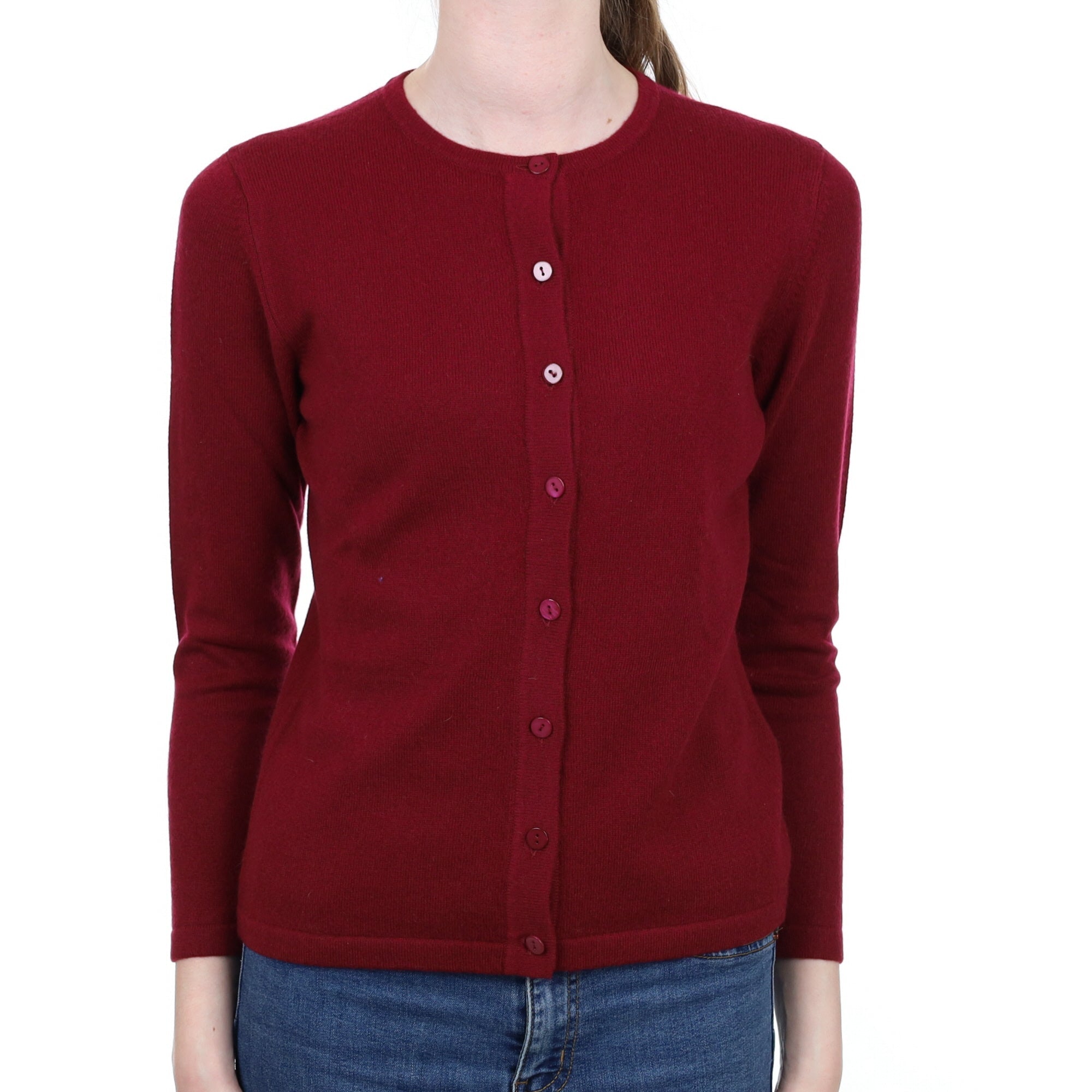 Brand New Scottish Burgundy Red Cashmere Crew Neck Cardigan Extra Small