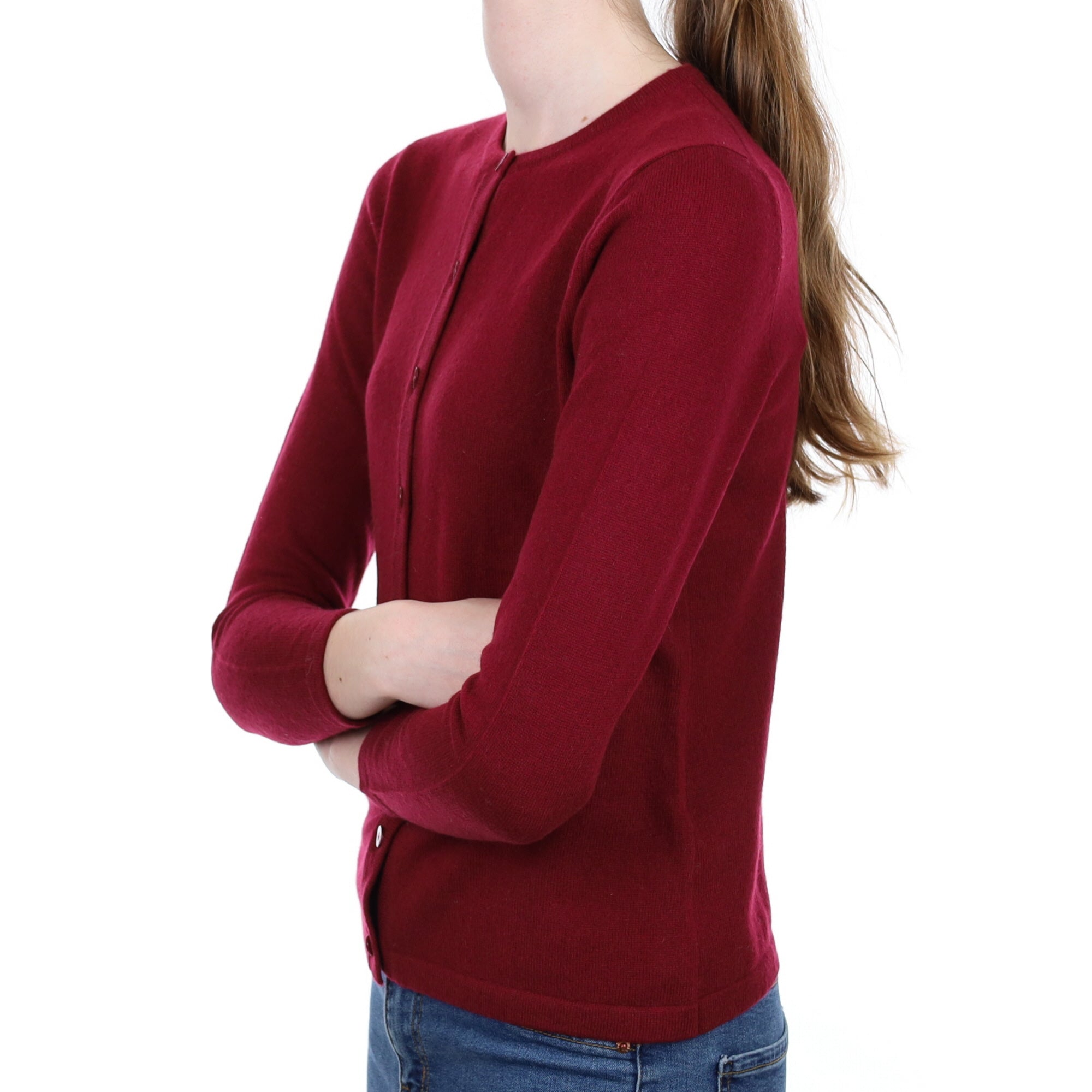 Brand New Scottish Burgundy Red Cashmere Crew Neck Cardigan Extra Small