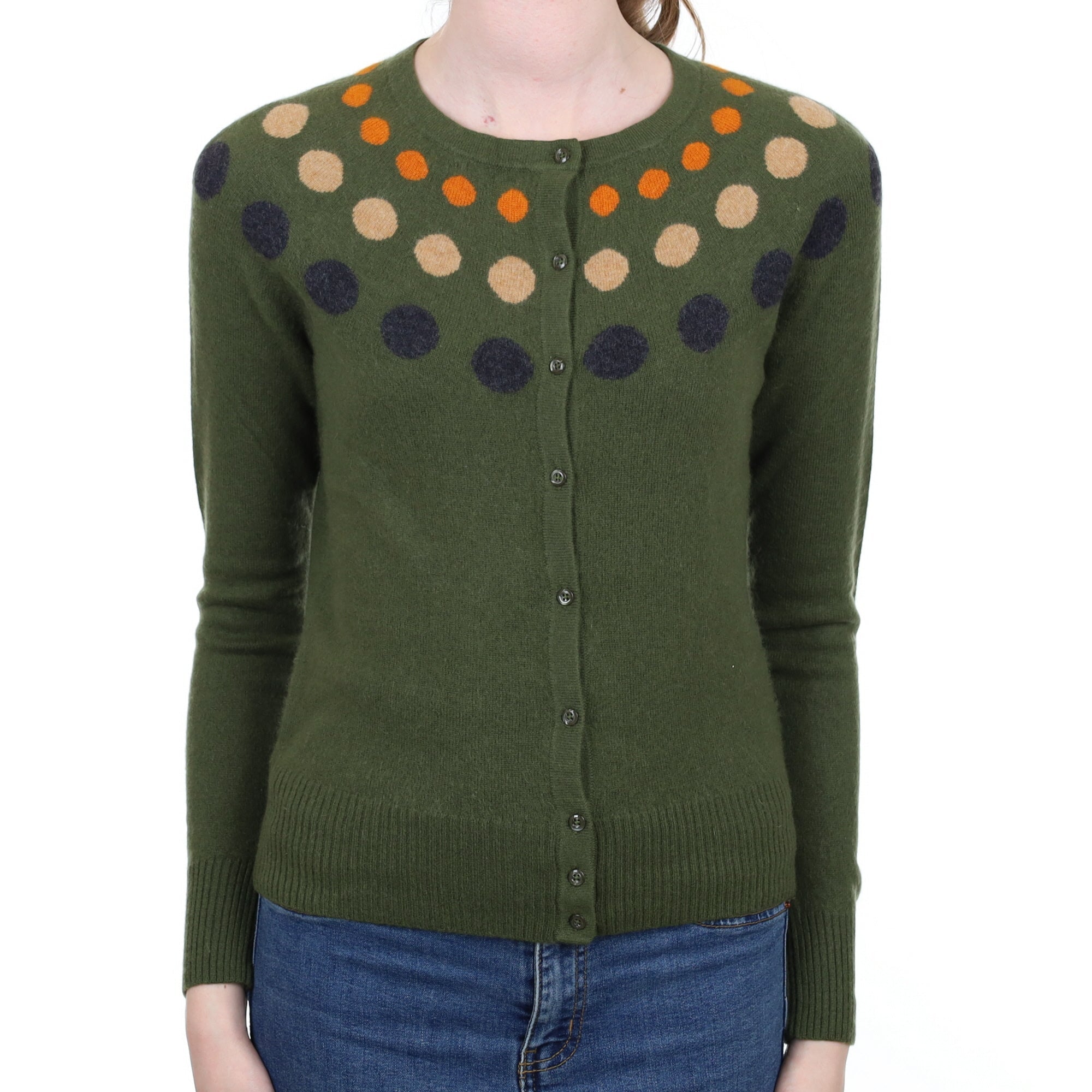 Khaki Green Spotty Cashmere Crew Neck Cardigan Extra Small