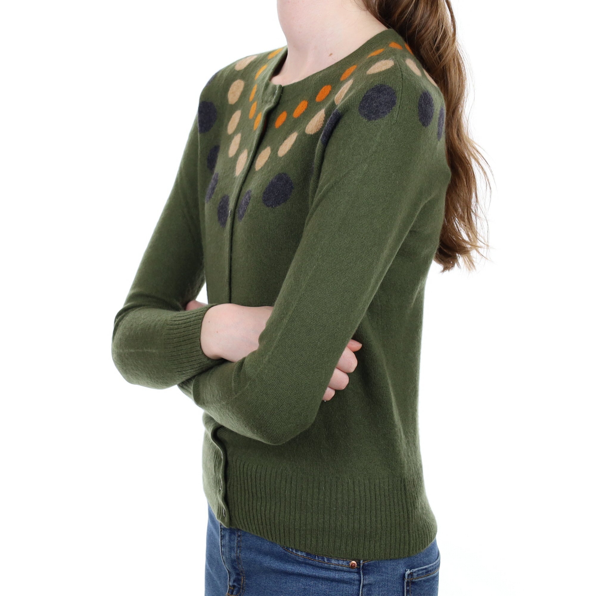 Khaki Green Spotty Cashmere Crew Neck Cardigan Extra Small