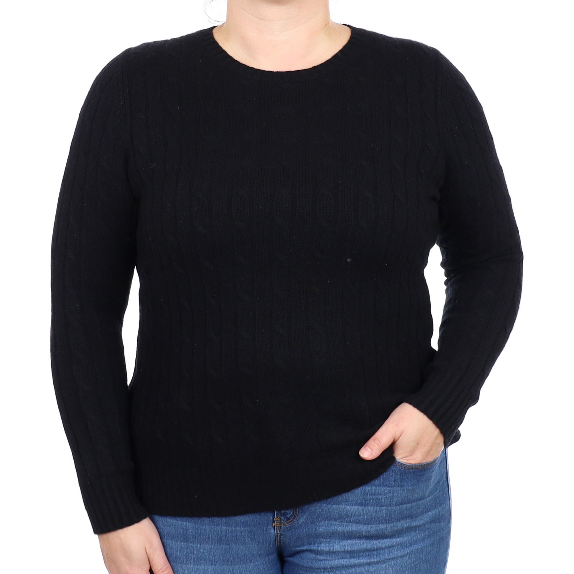 Black Cashmere Crew Neck Cable Knit Jumper Large