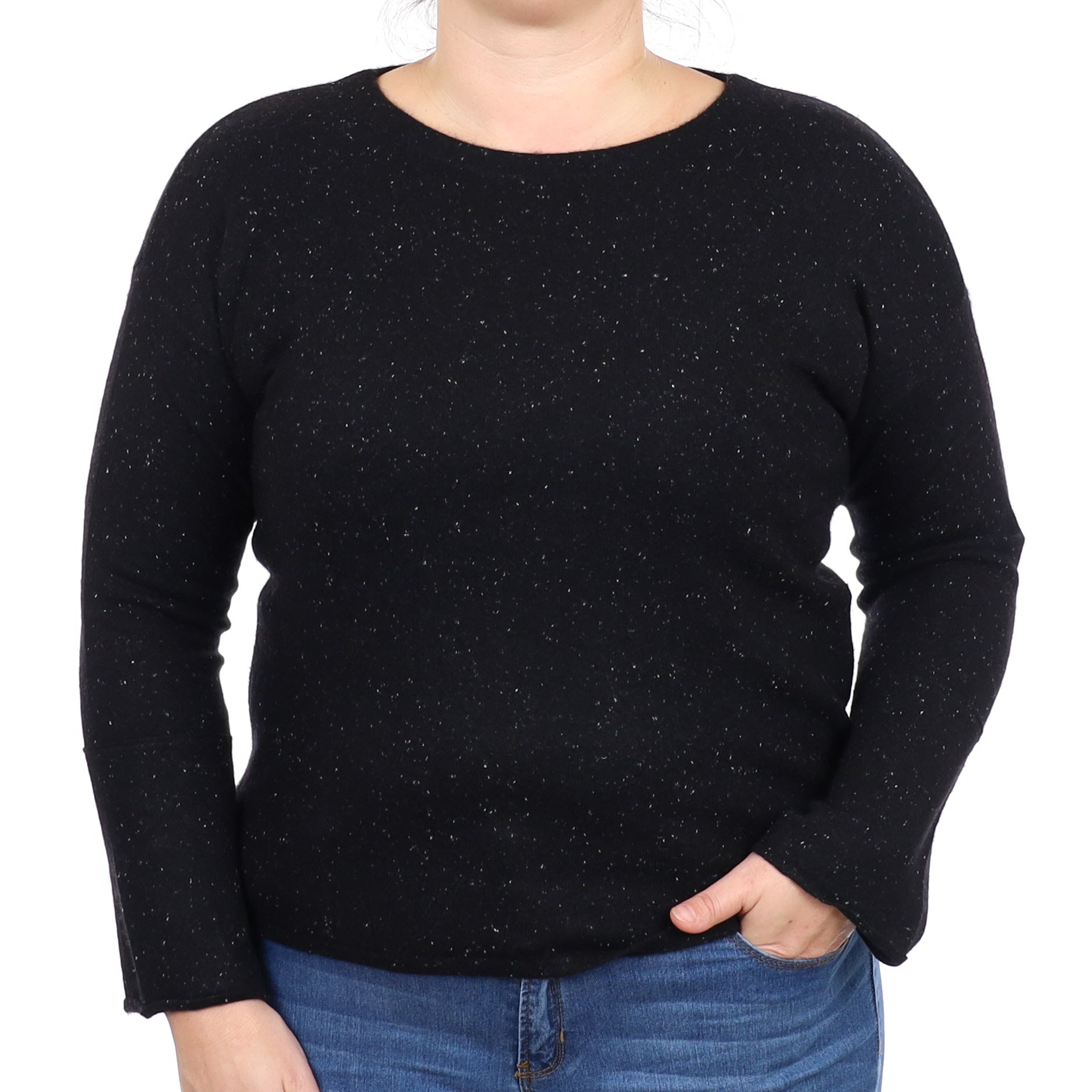 Black and White Flecked Cashmere Crew Neck Jumper Large