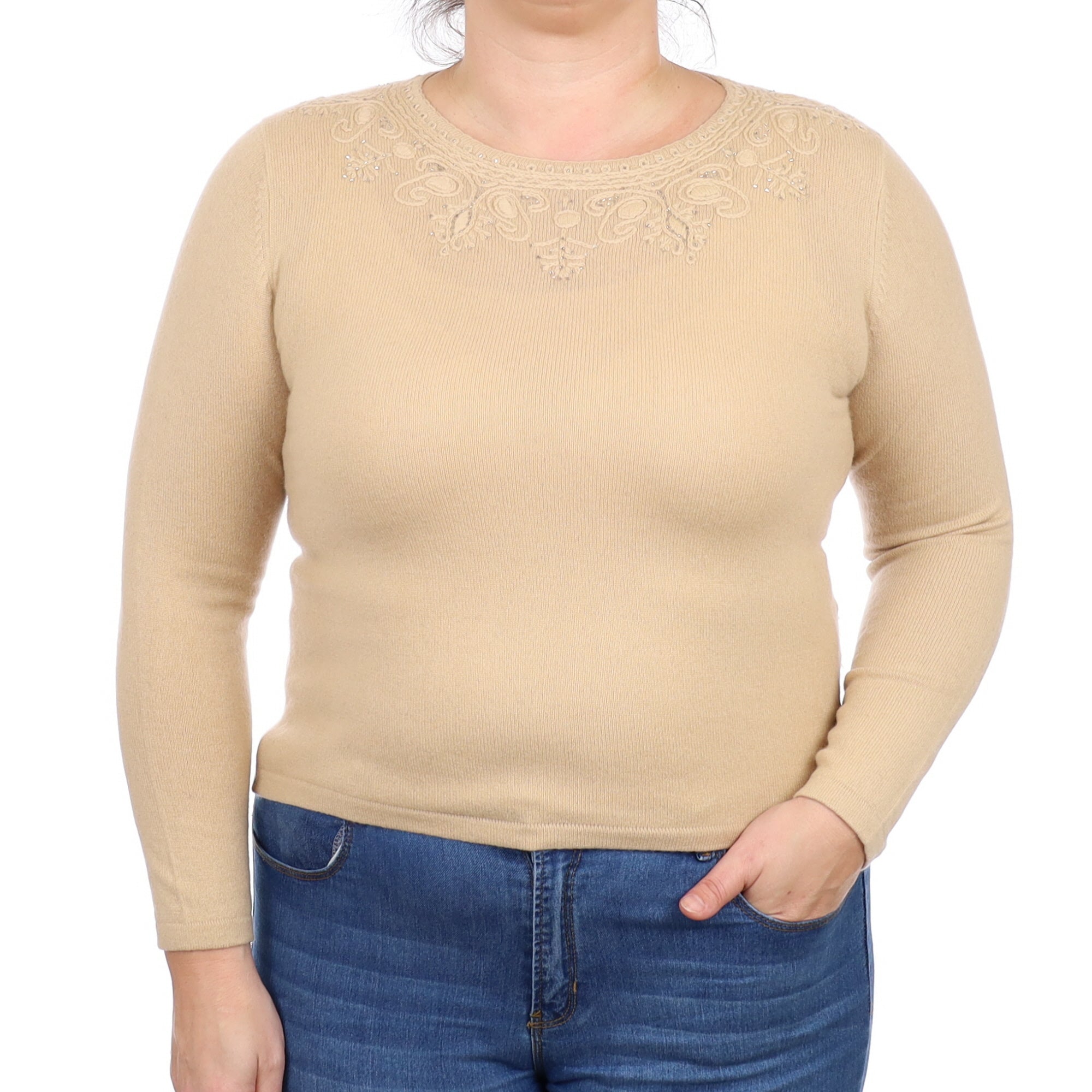 Beige Embroidered Cashmere Crew Neck Jumper Large