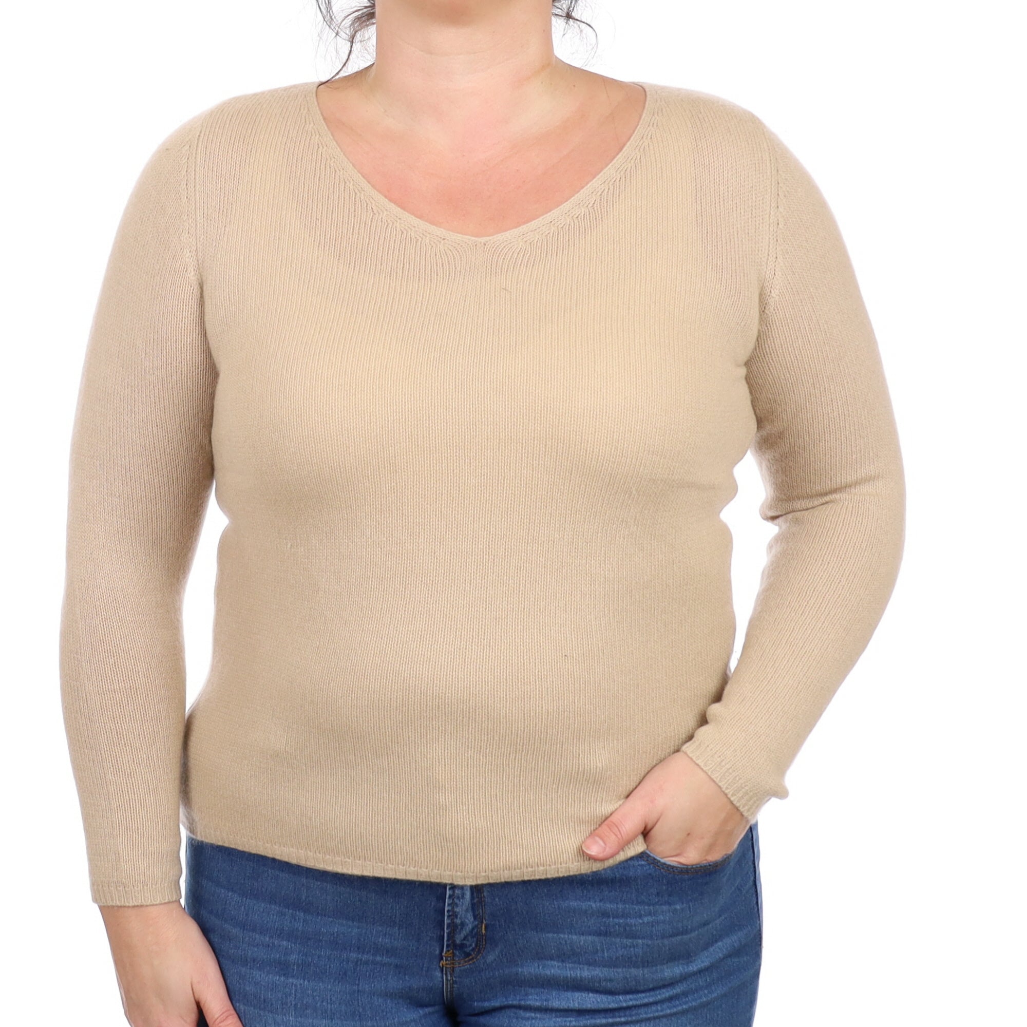 Oatmeal Beige Cashmere Wide V Neck Jumper Large