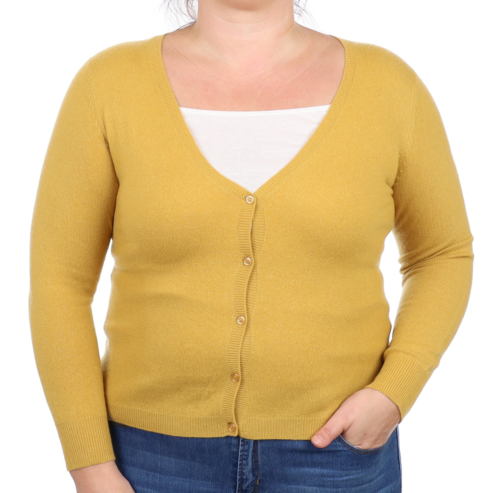 Mustard Yellow Cashmere V Neck Cardigan Large