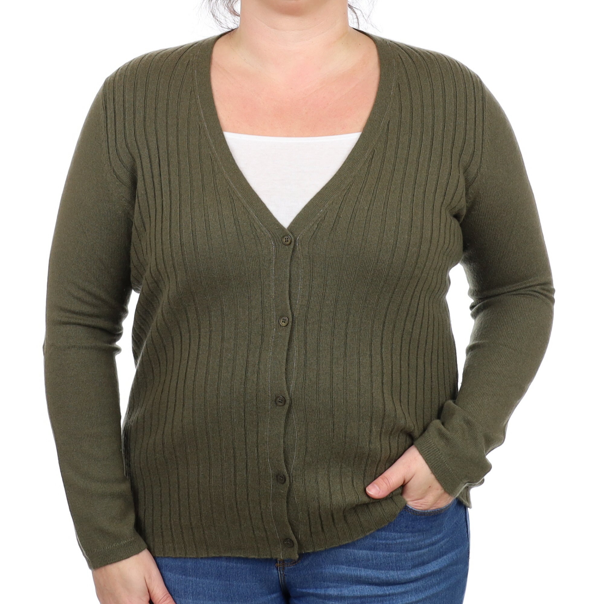 Khaki Green Cashmere V Neck Cardigan Large