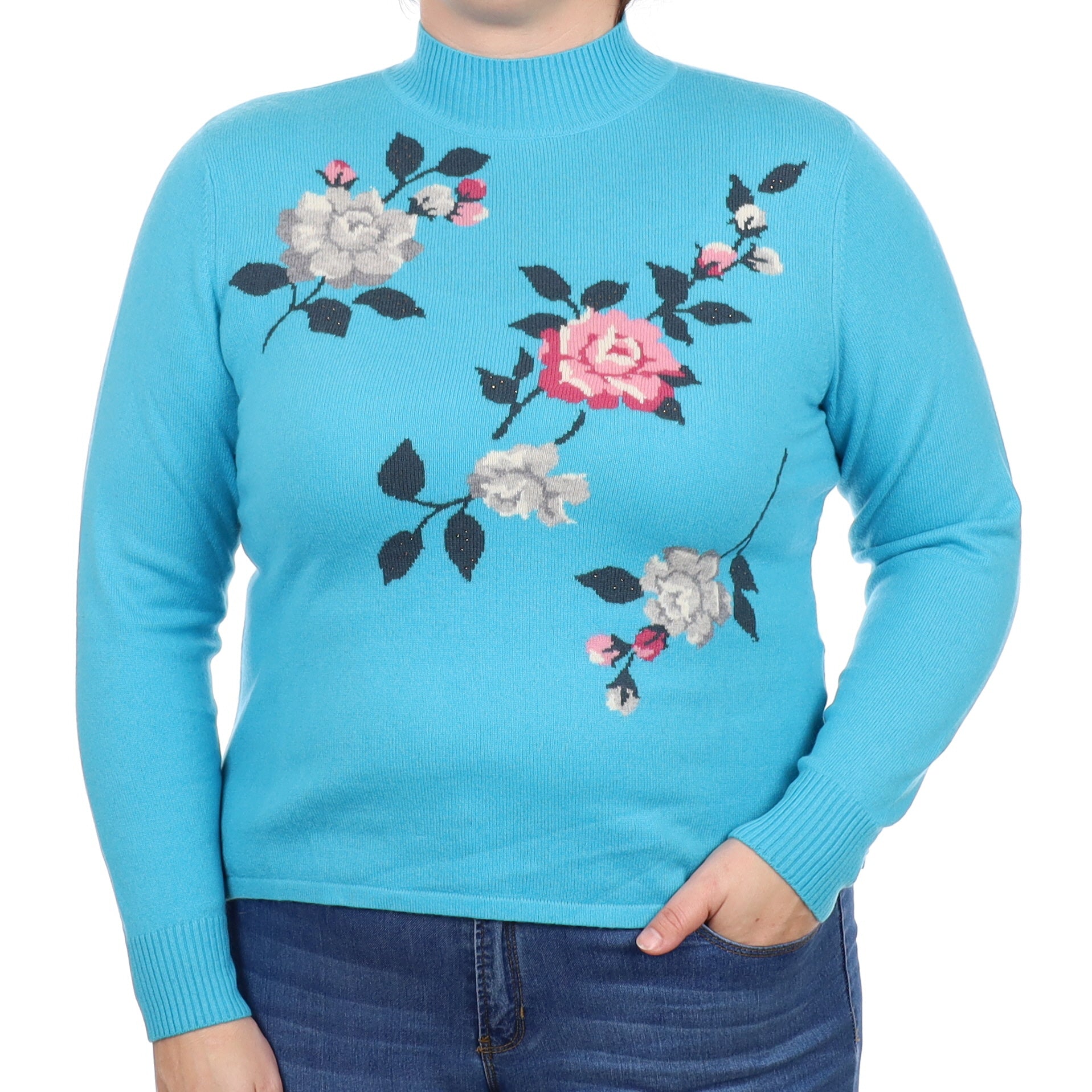 Aquamarine Blue Floral Pattern Cashmere Polo Neck Jumper Large