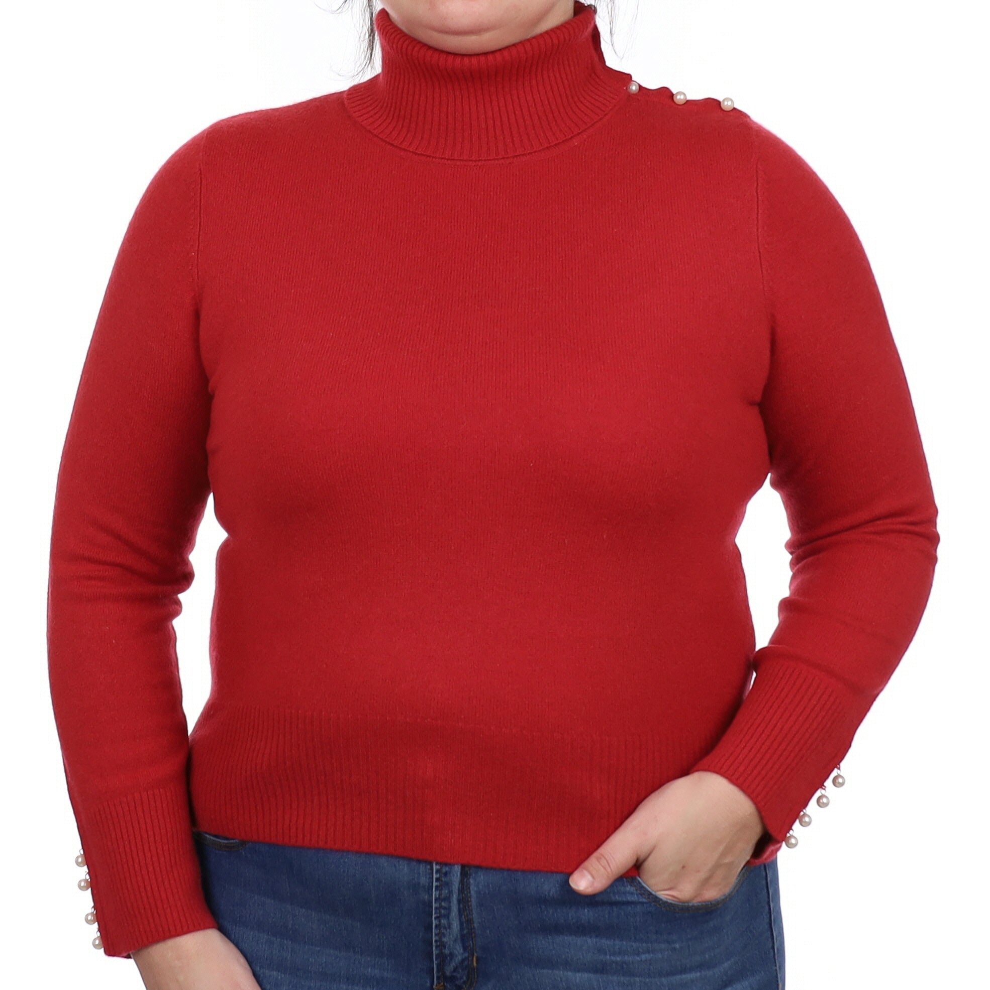 Strawberry Red Pearl Detail Cashmere Polo Neck Jumper Large