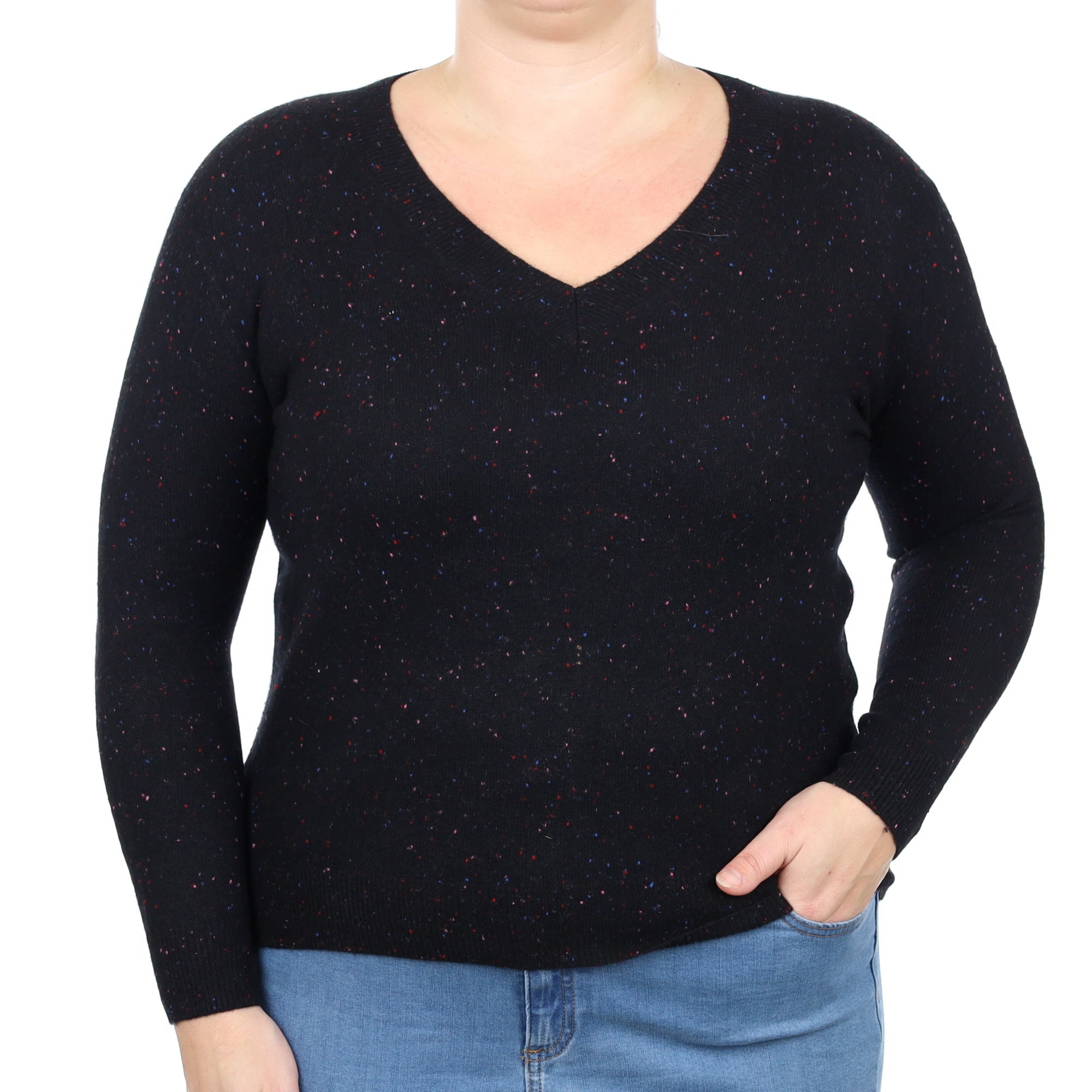 Black Colourful Fleck Cashmere V Neck Jumper Large