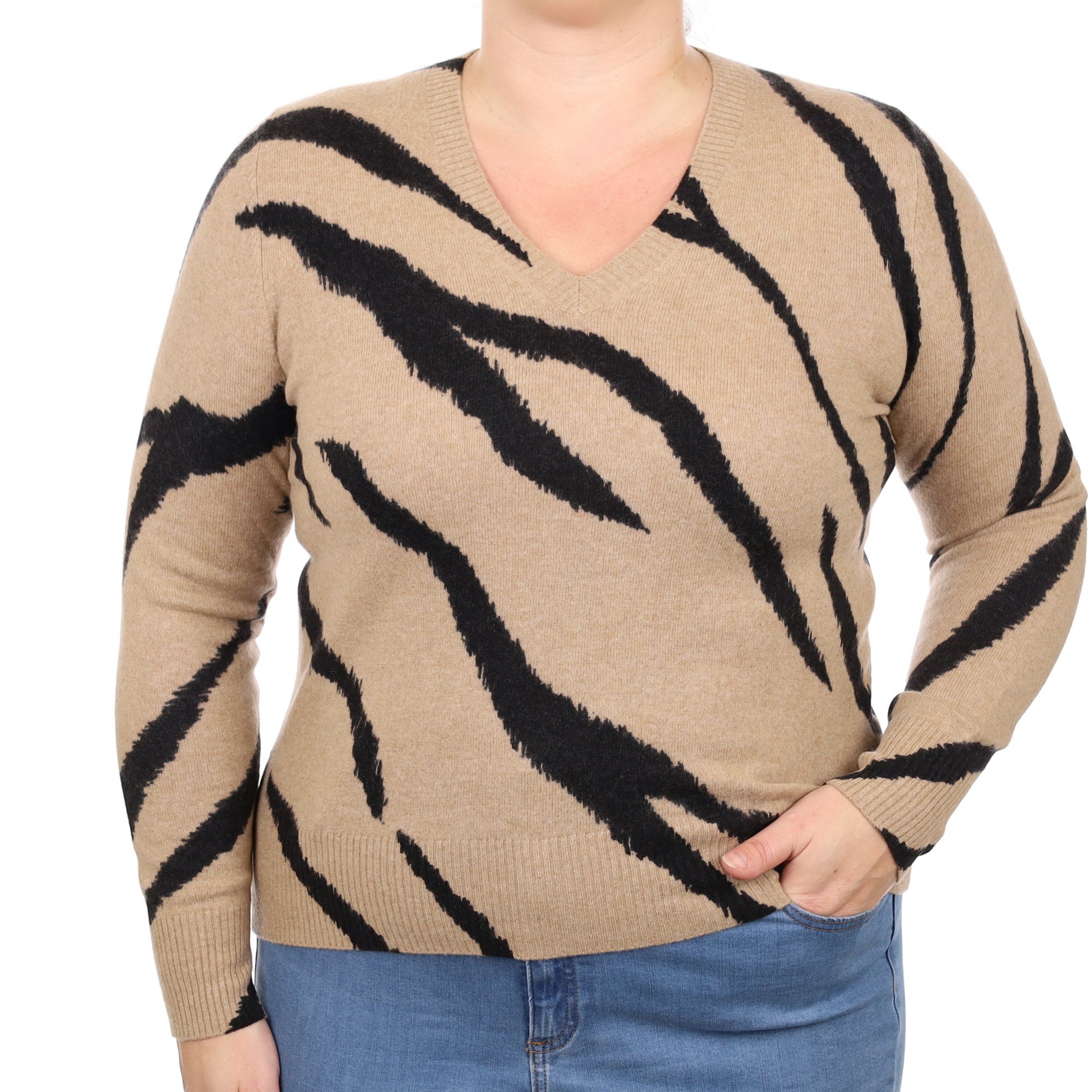 Caramel Zebra Print Cashmere V Neck Jumper Large