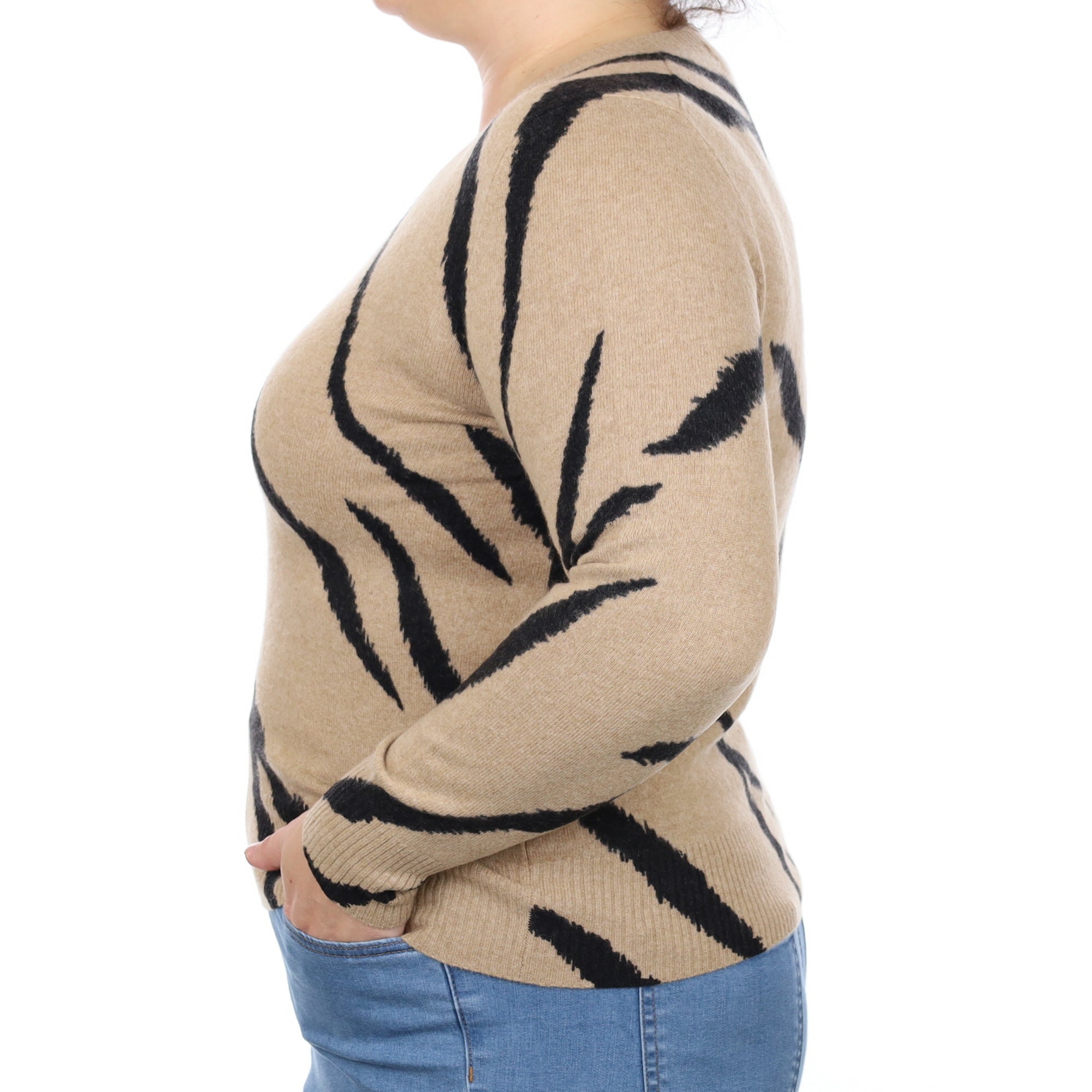 Caramel Zebra Print Cashmere V Neck Jumper Large