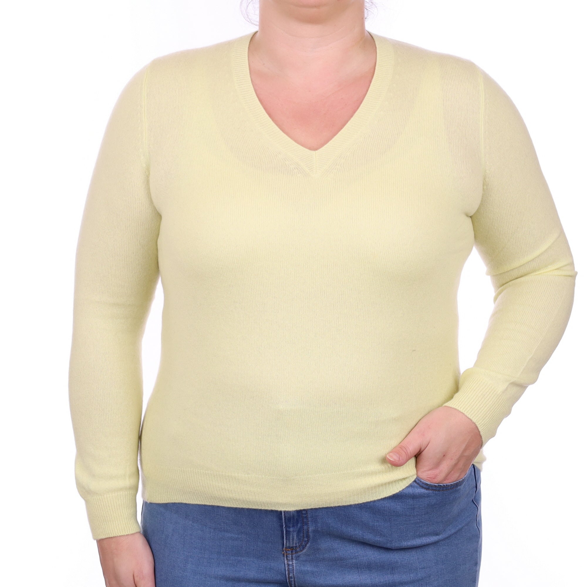 Pale Lemon Cashmere V Neck Jumper Large