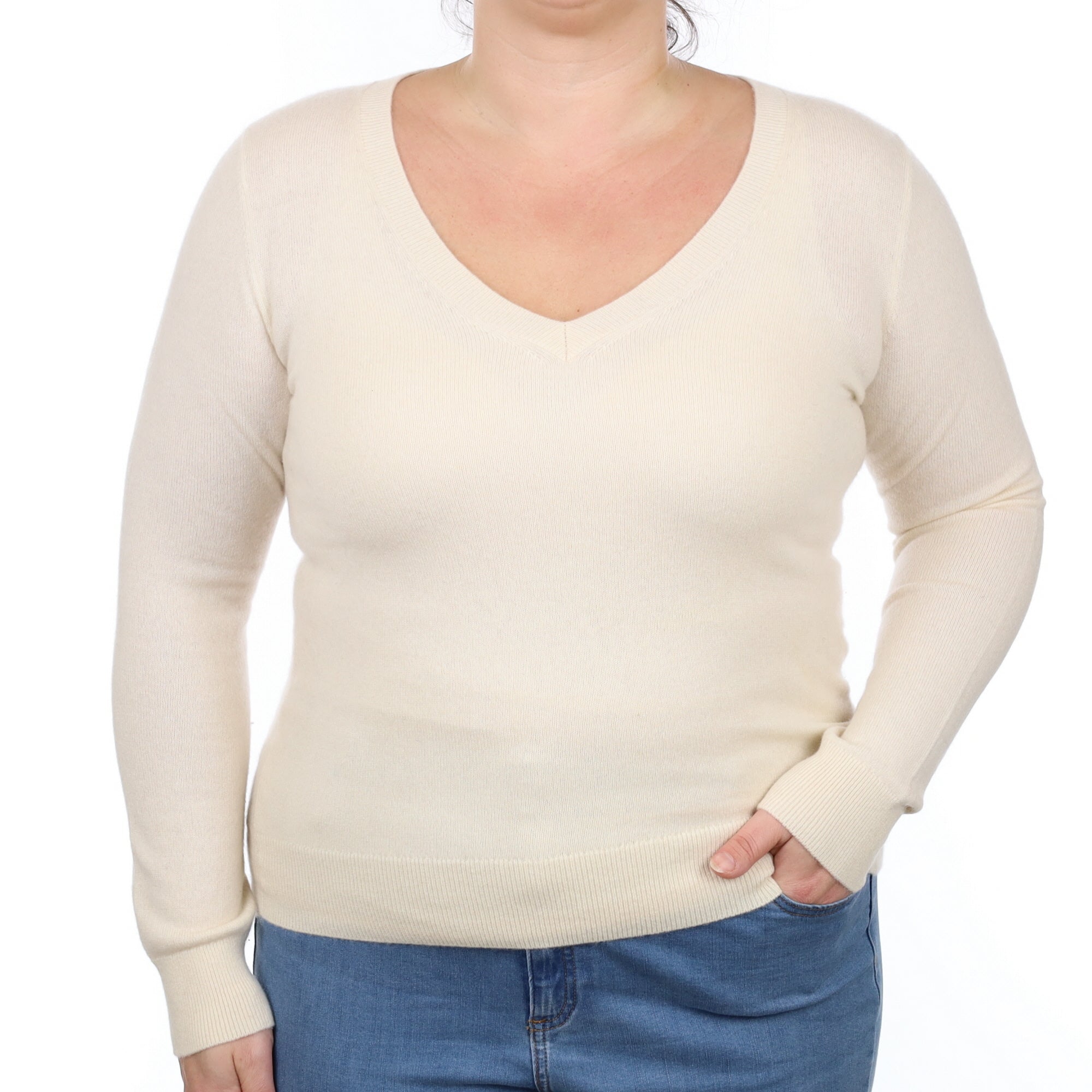 Vanilla Cream Cashmere V Neck Jumper Large