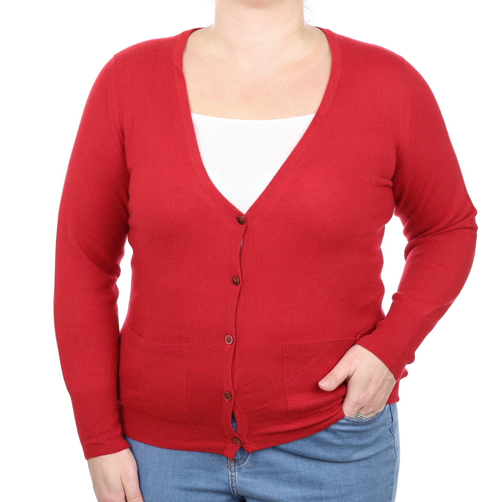 Berry Red Cashmere V Neck Cardigan with Pockets Large