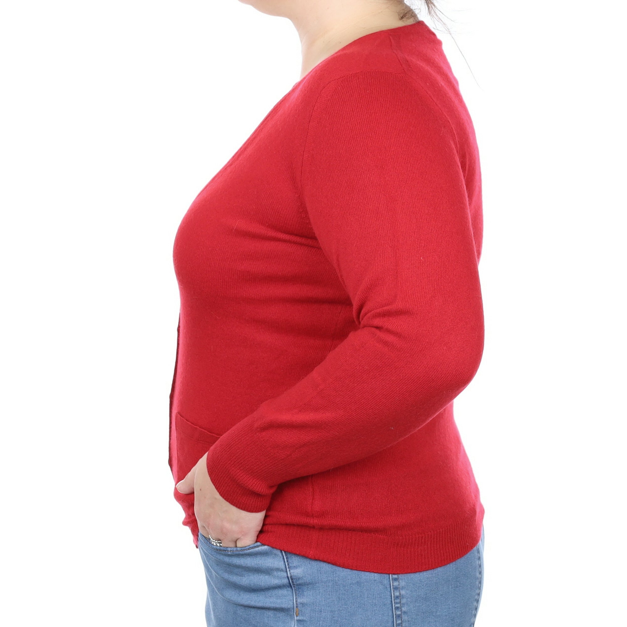 Berry Red Cashmere V Neck Cardigan with Pockets Large