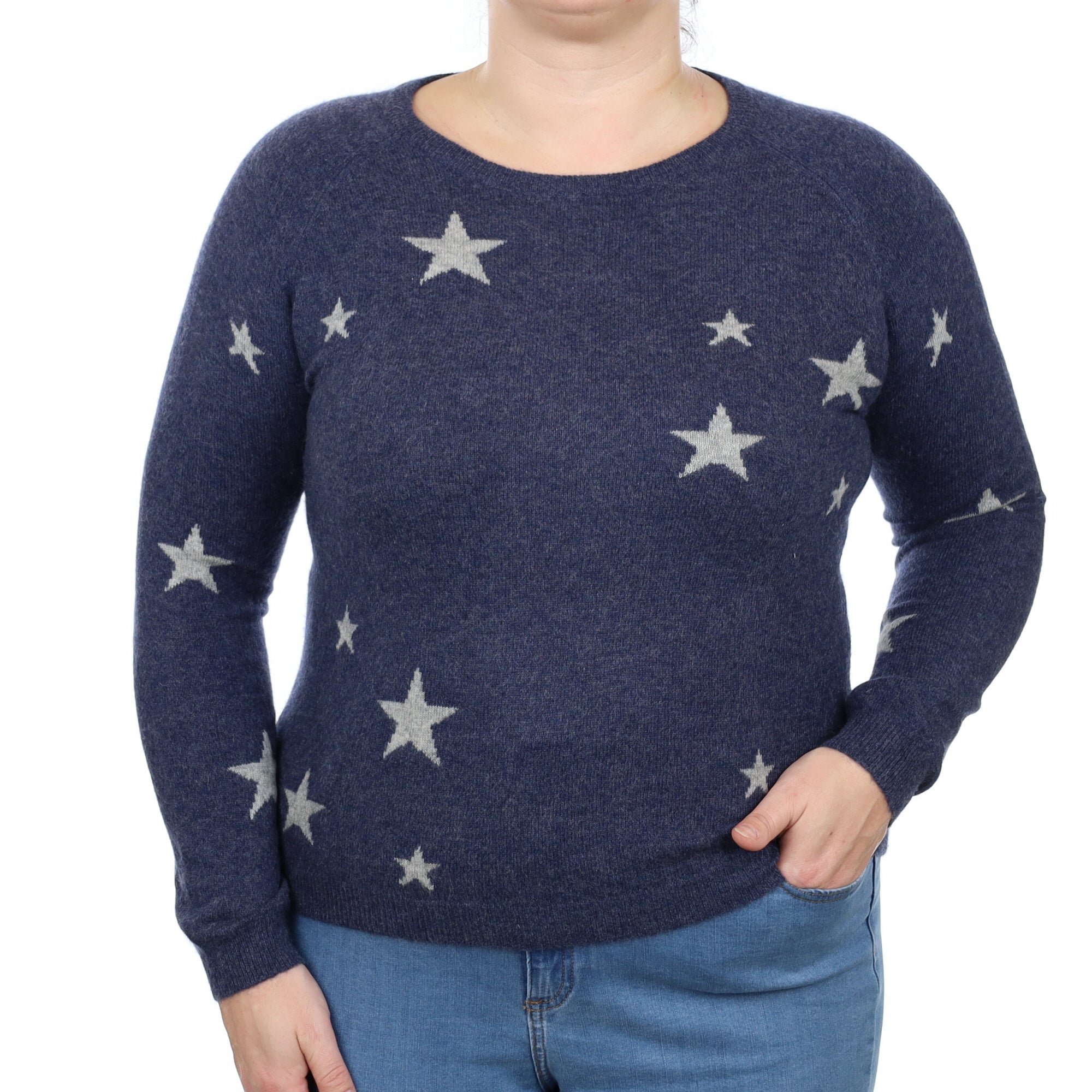 Naval Blue Star Cashmere Crew Neck Jumper Large