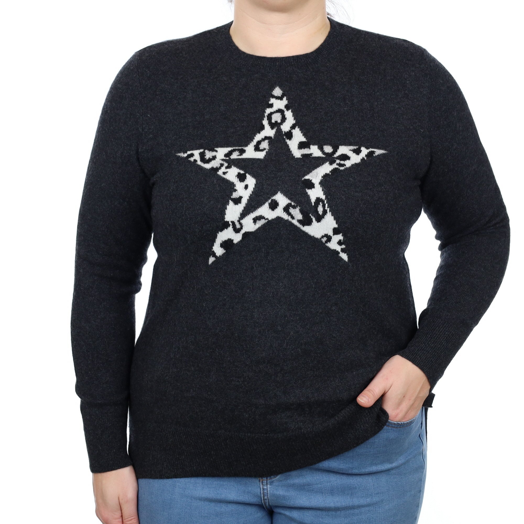 Charcoal Grey Star Cashmere Longline Crew Neck Jumper Large