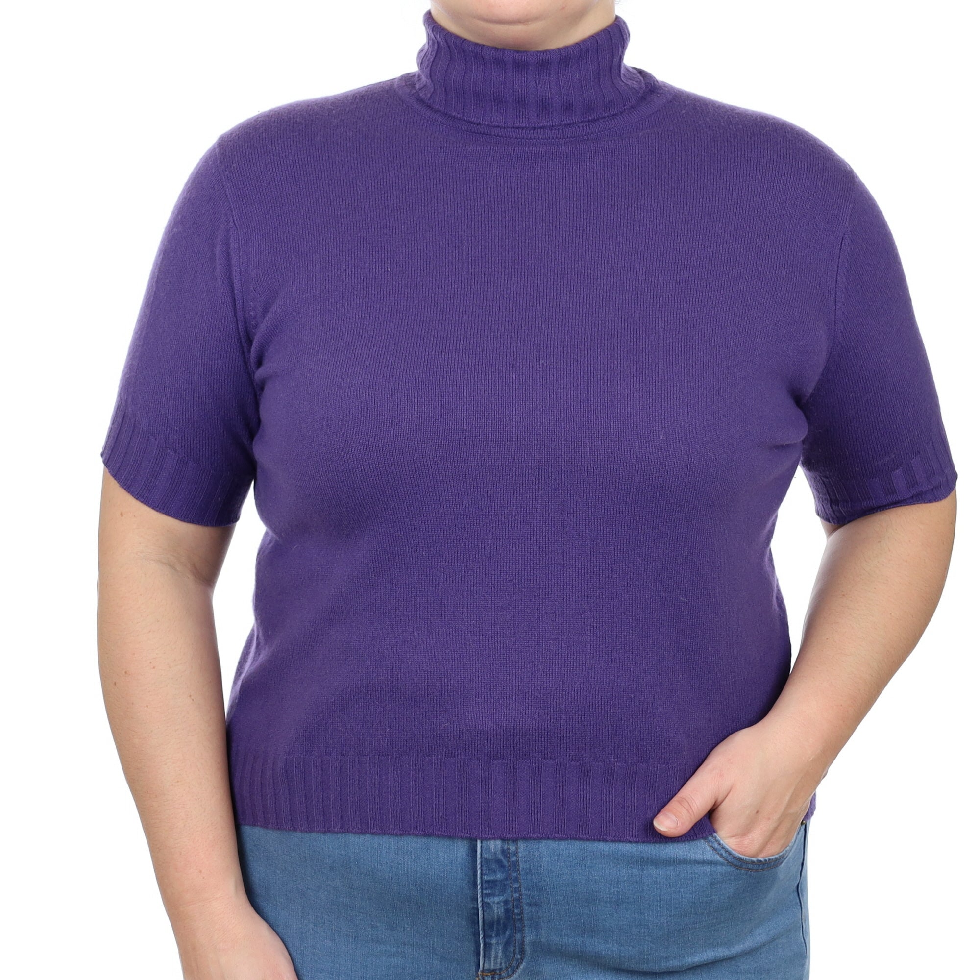 Amethyst Purple Cashmere Short Sleeve Polo Neck Jumper Large