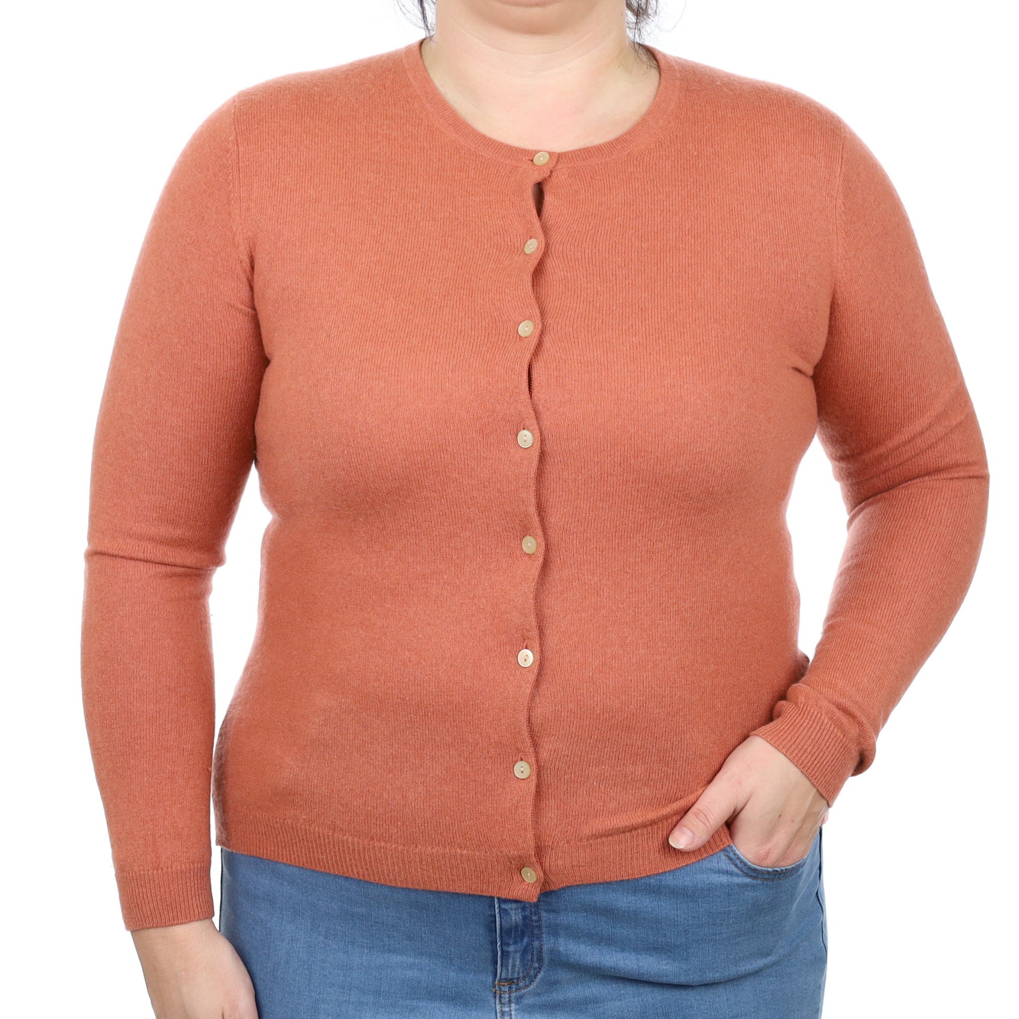 Terracotta Orange Cashmere Crew Neck Cardigan Large