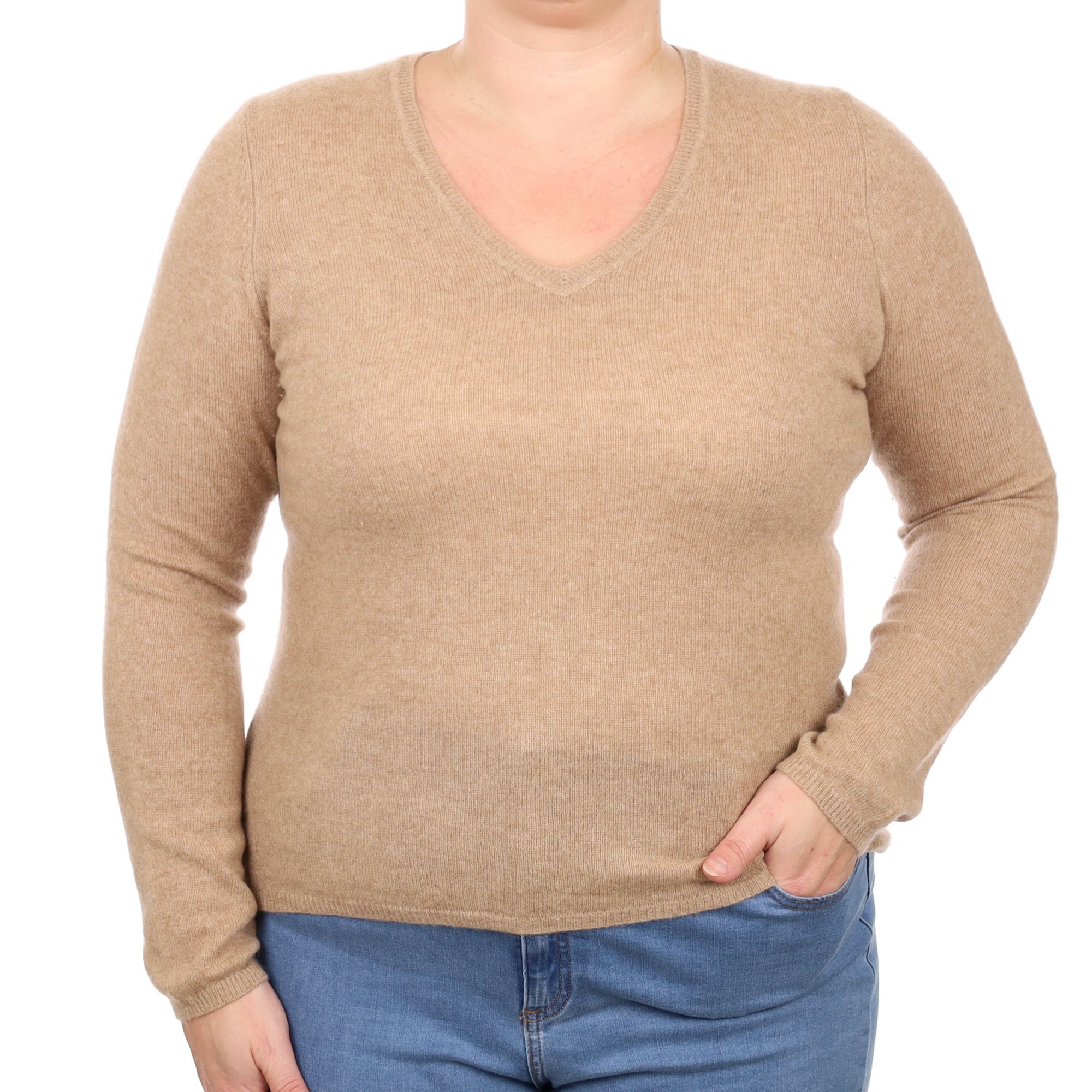 Caramel Brown Cashmere V Neck Jumper Large