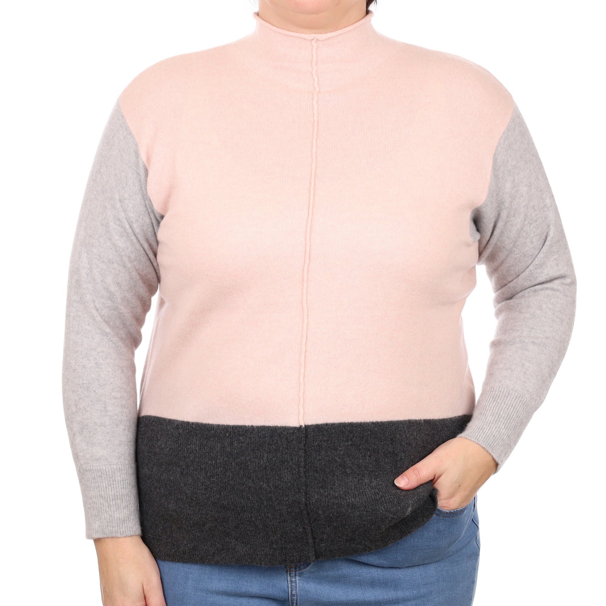 Pink and Grey Colourblock Cashmere Turtle Neck Jumper Large