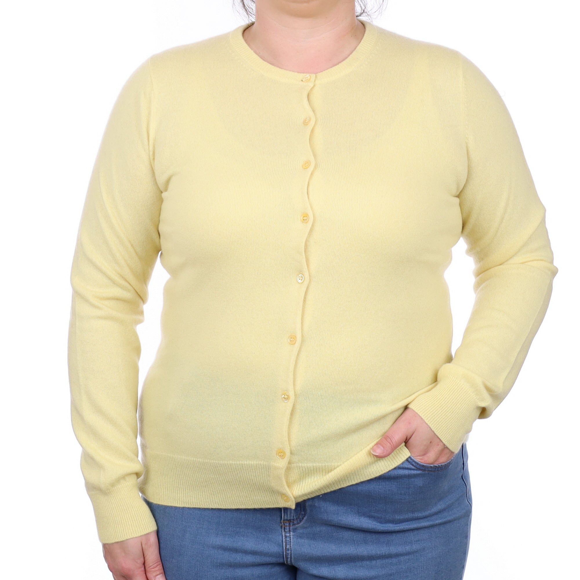 Primrose Yellow Cashmere Crew Neck Cardigan Large