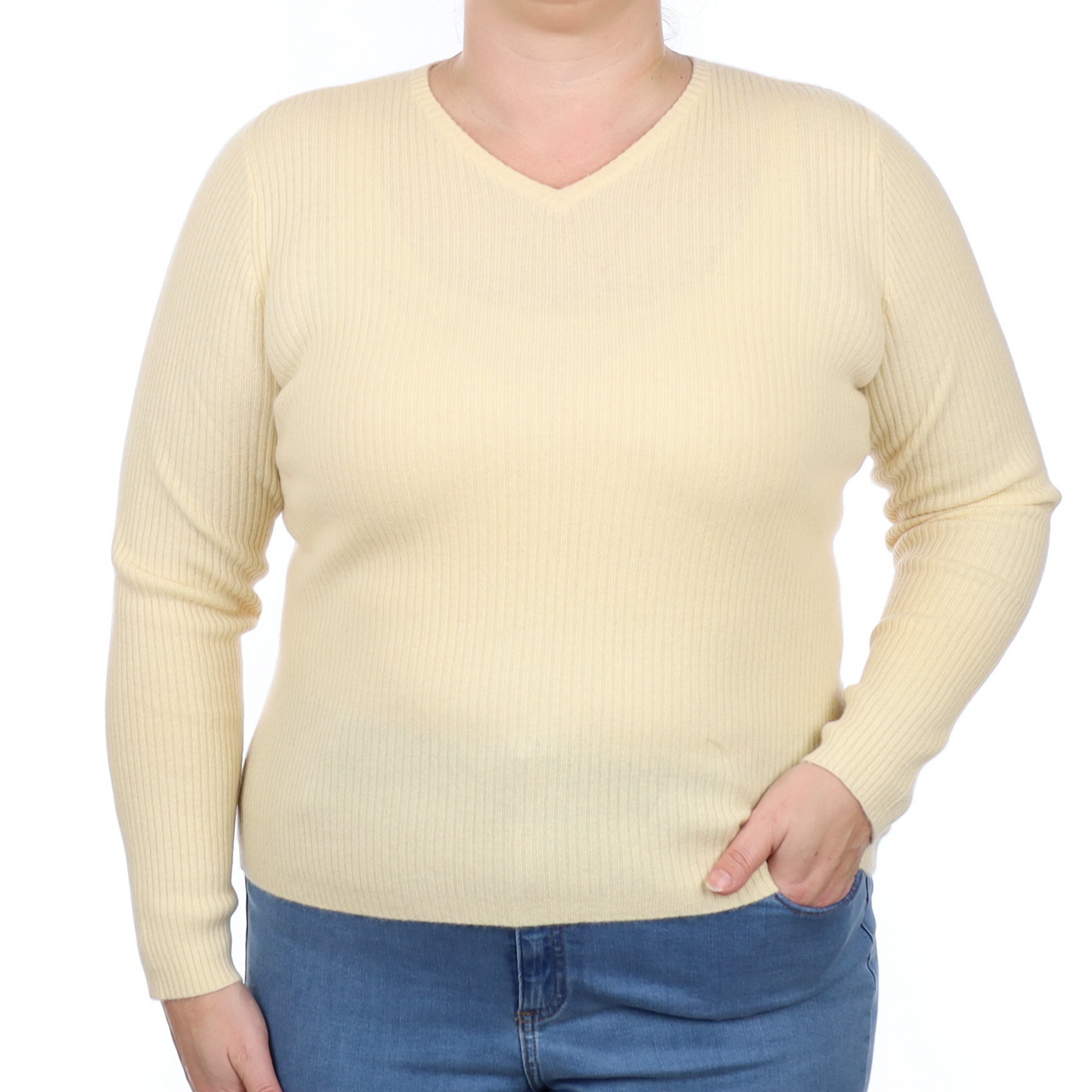 Pale Custard Rib Cashmere V Neck Jumper Large