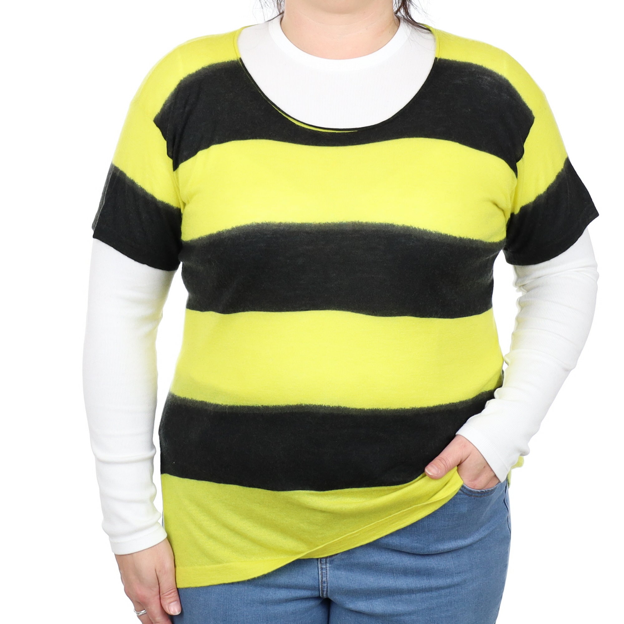 Yellow and Black Stripe Cashmere Short Sleeve Crew Neck Jumper Large