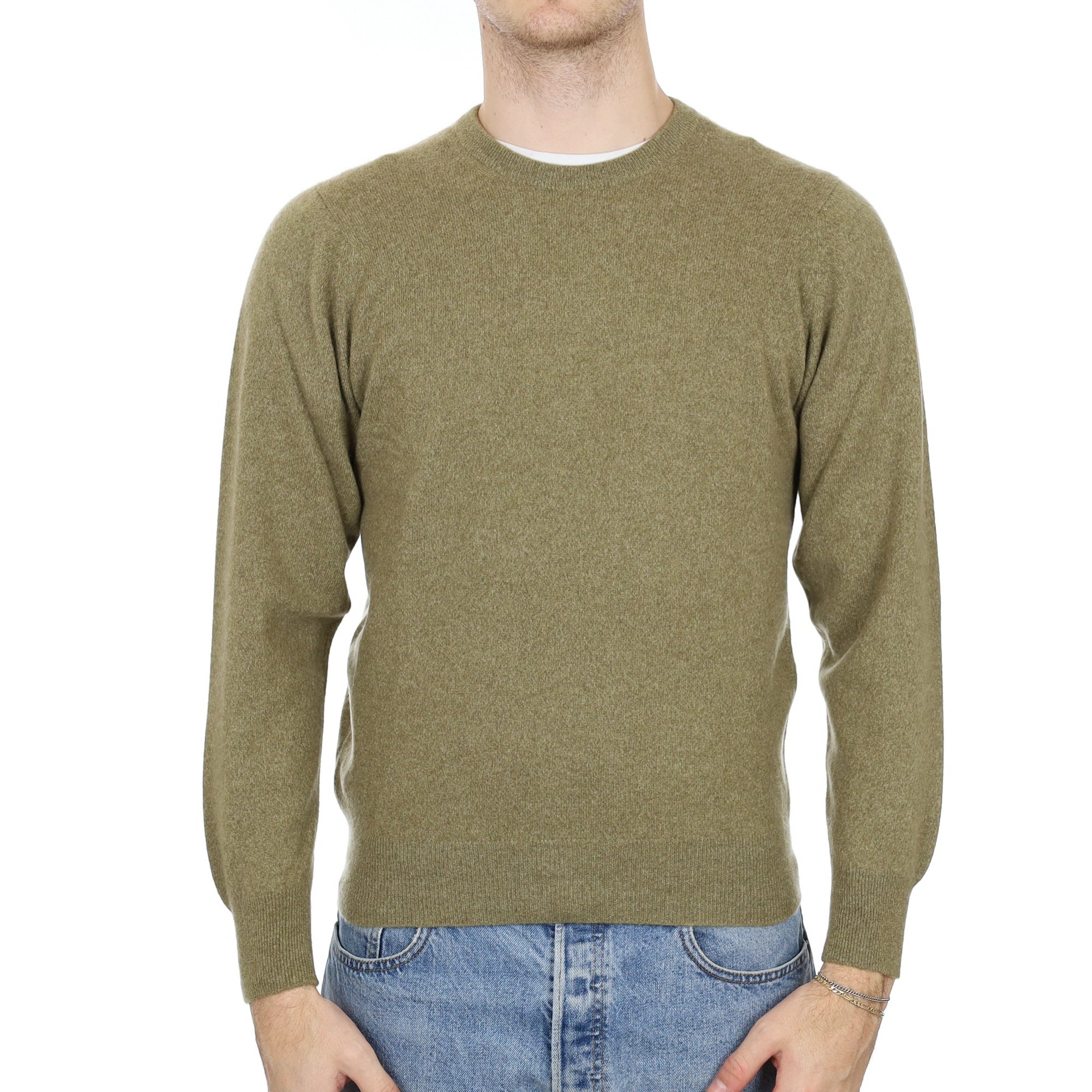 Men's Basil Green Cashmere  Crew Neck Jumper Medium