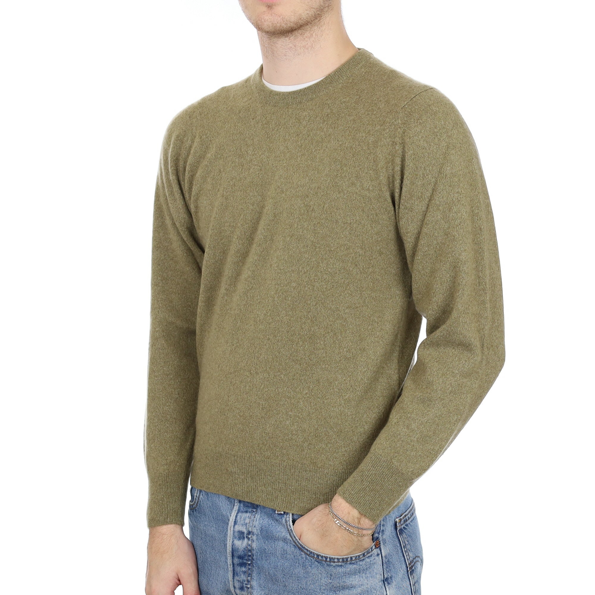 Men's Basil Green Cashmere  Crew Neck Jumper Medium