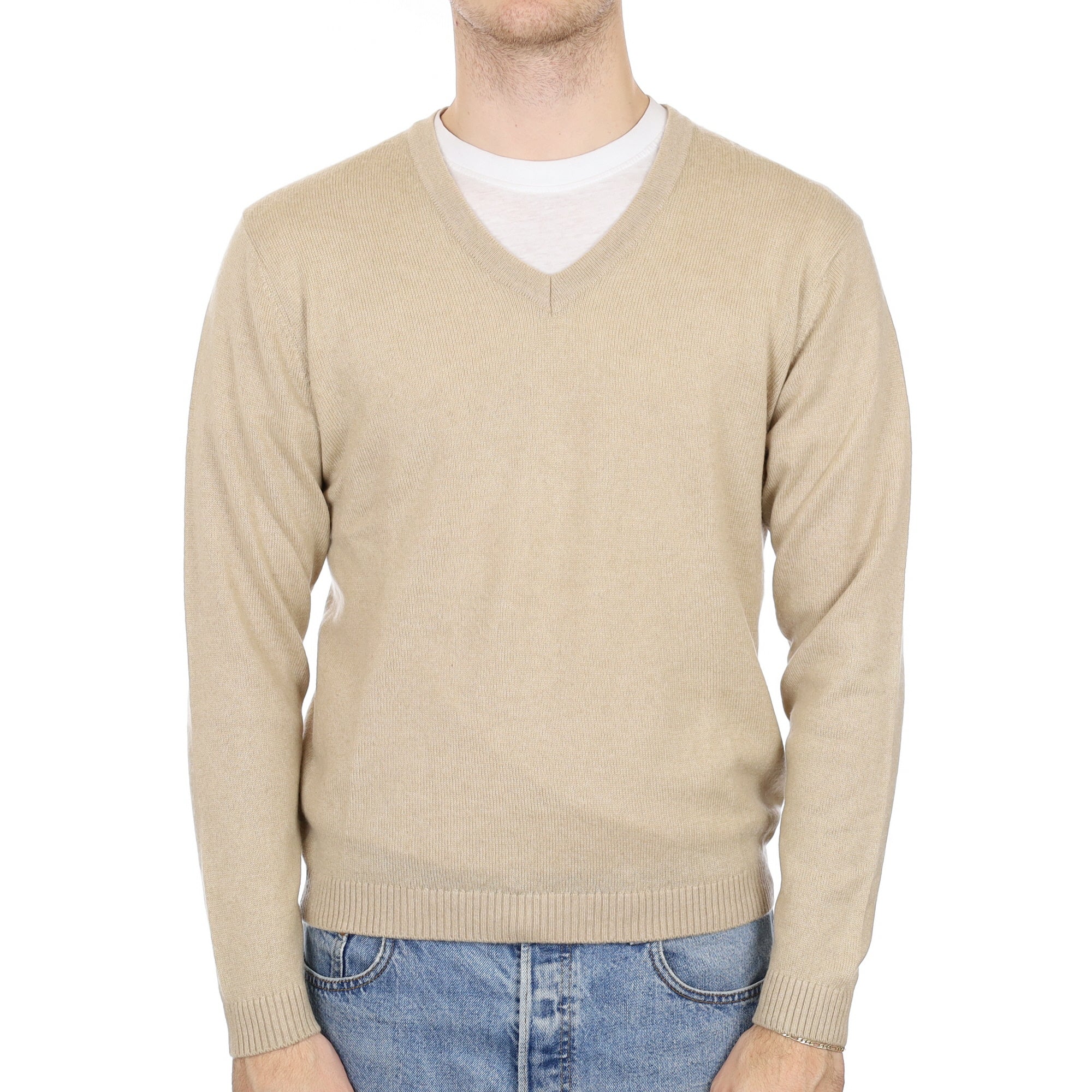 Men's Sand Beige Cashmere V Neck Jumper Medium