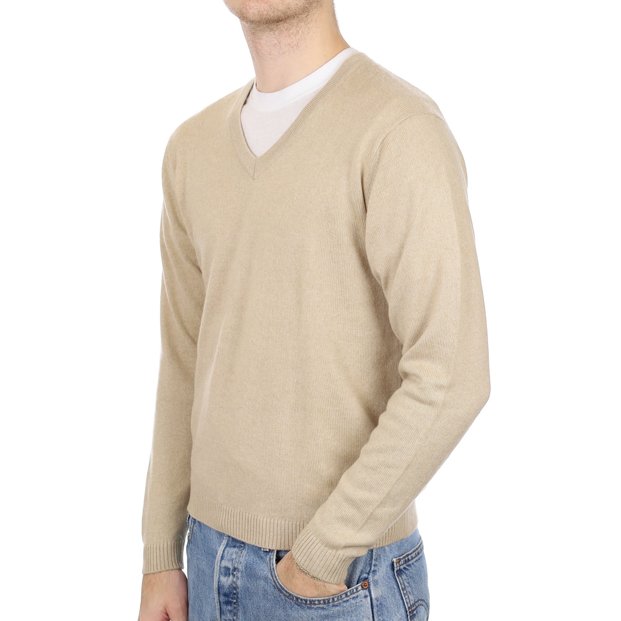 Men's Sand Beige Cashmere V Neck Jumper Medium