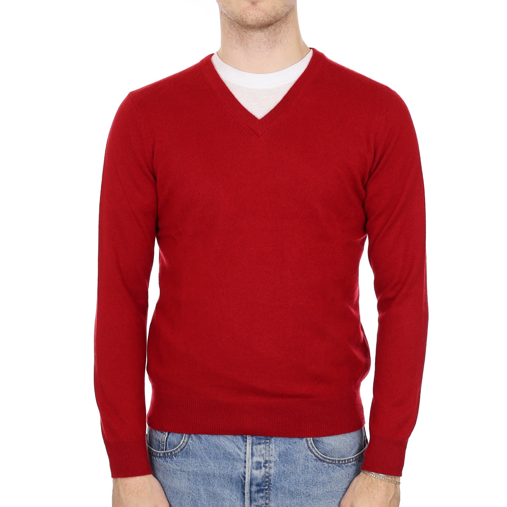 Men's Crimson Red Cashmere V Neck Jumper Medium