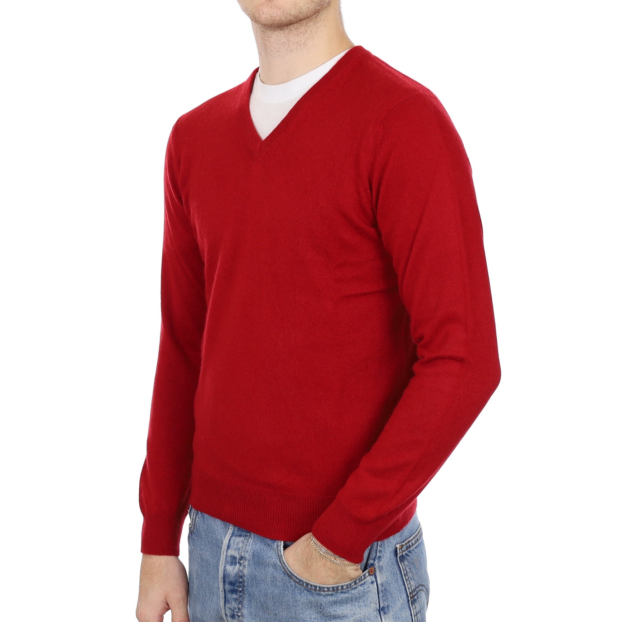 Men's Crimson Red Cashmere V Neck Jumper Medium