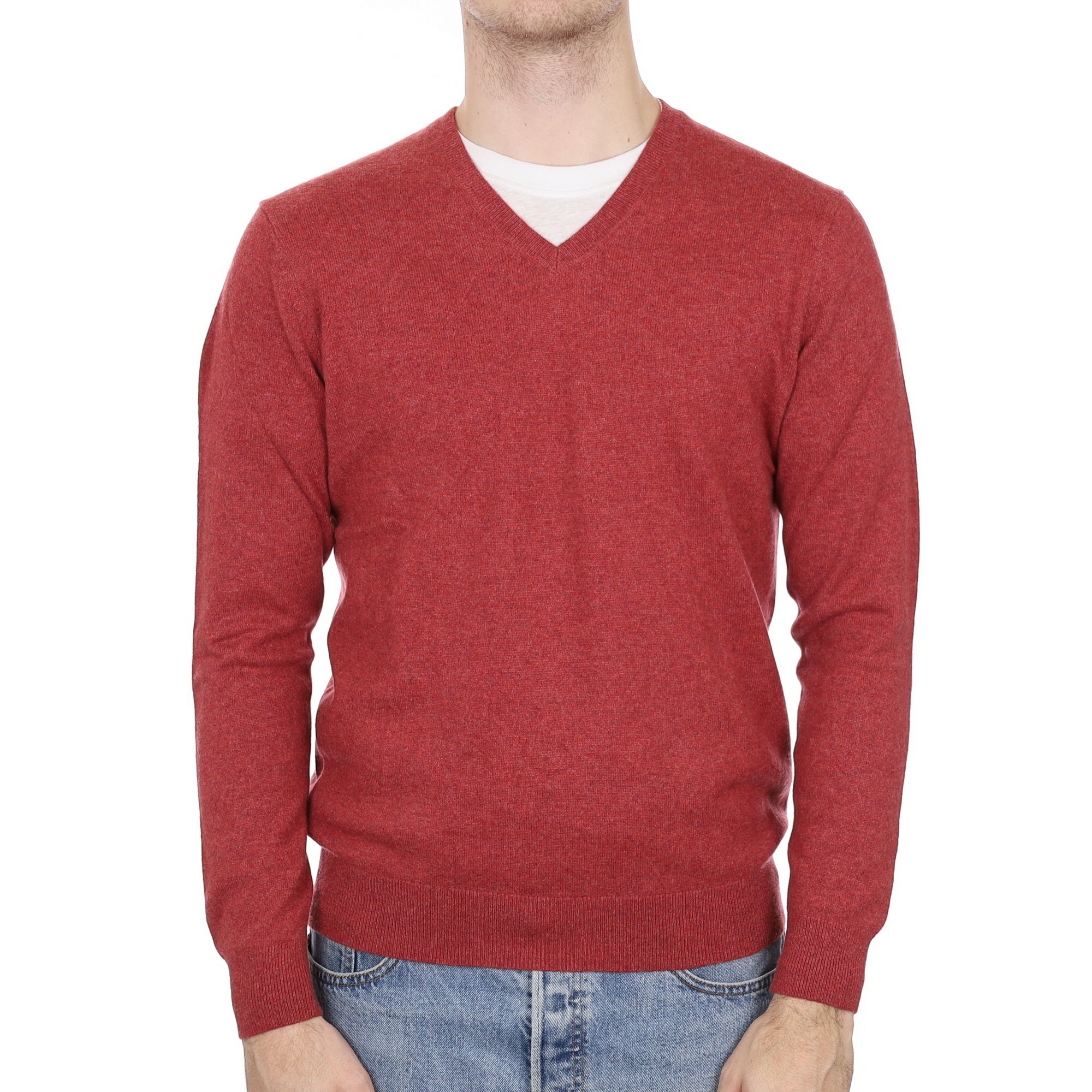 Men's Brick Red Cashmere V Neck Jumper Medium