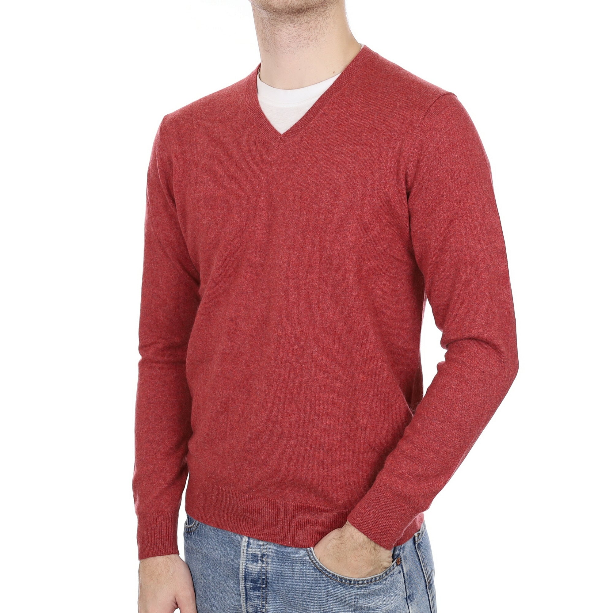 Men's Brick Red Cashmere V Neck Jumper Medium