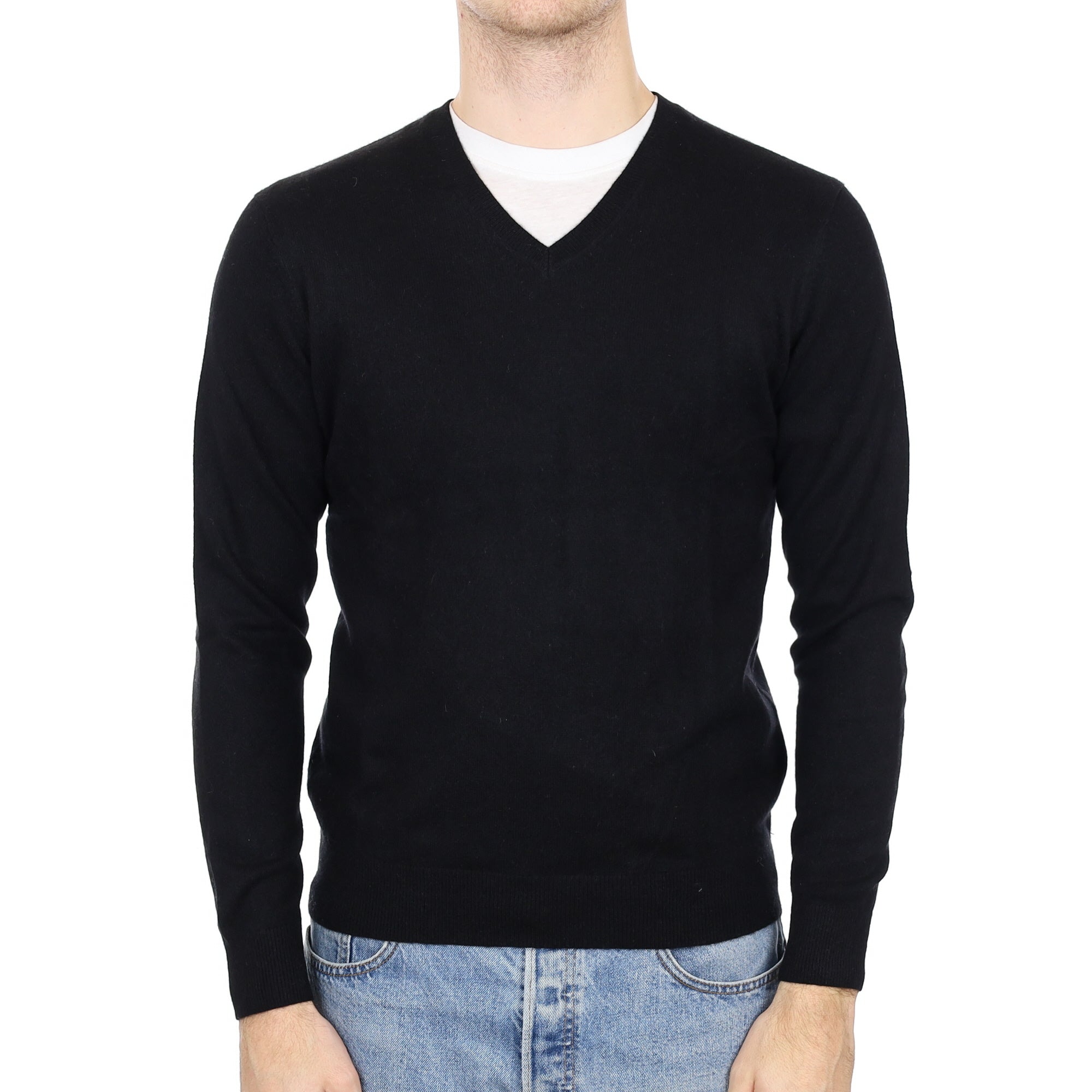 Men's Black Cashmere V Neck Jumper Medium