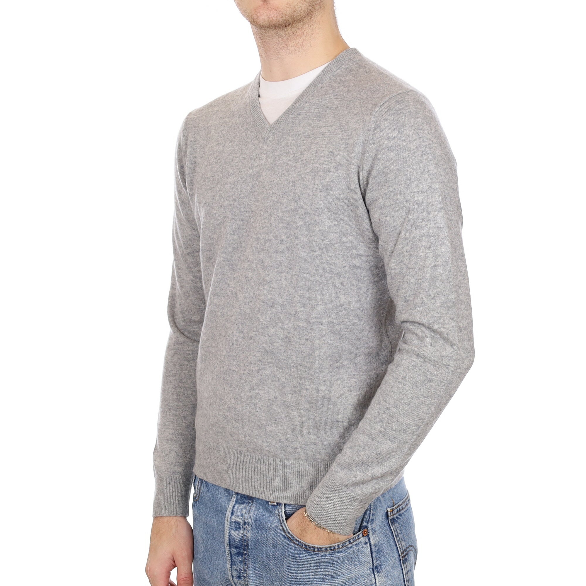 Men's Smoke Grey Cashmere V Neck Jumper Medium