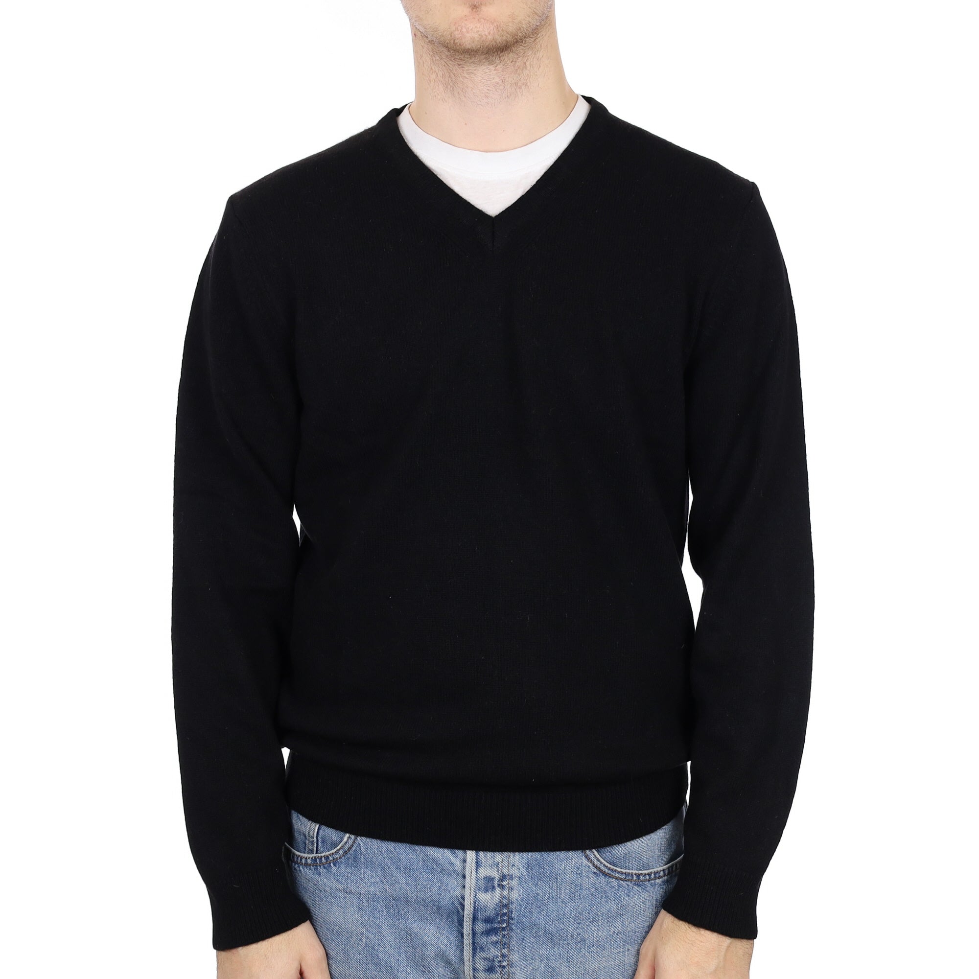 Men's Black Cashmere V Neck Jumper Medium