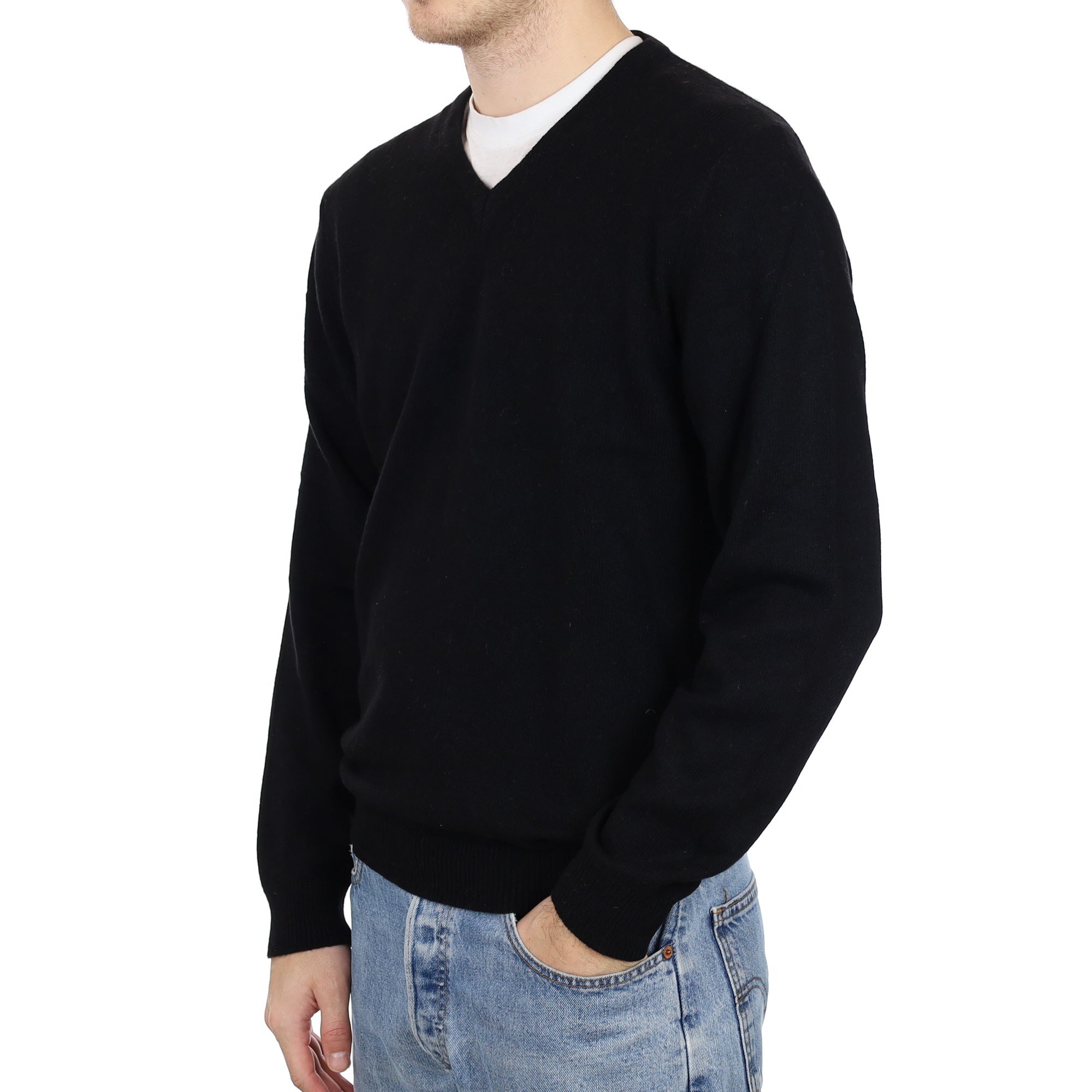 Men's Black Cashmere V Neck Jumper Medium