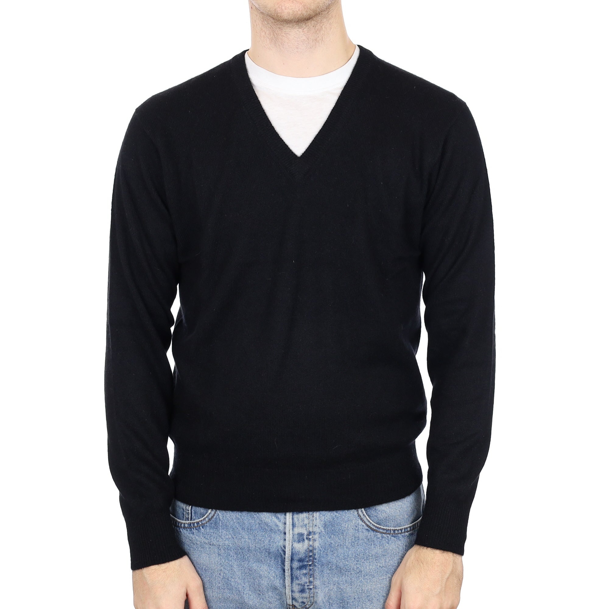 Men's Black Cashmere V Neck Jumper Medium