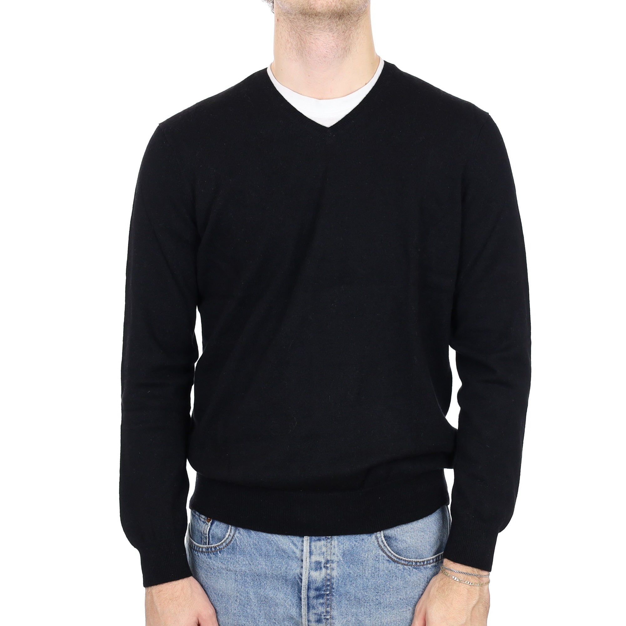 Men's Black Cashmere V Neck Jumper Medium